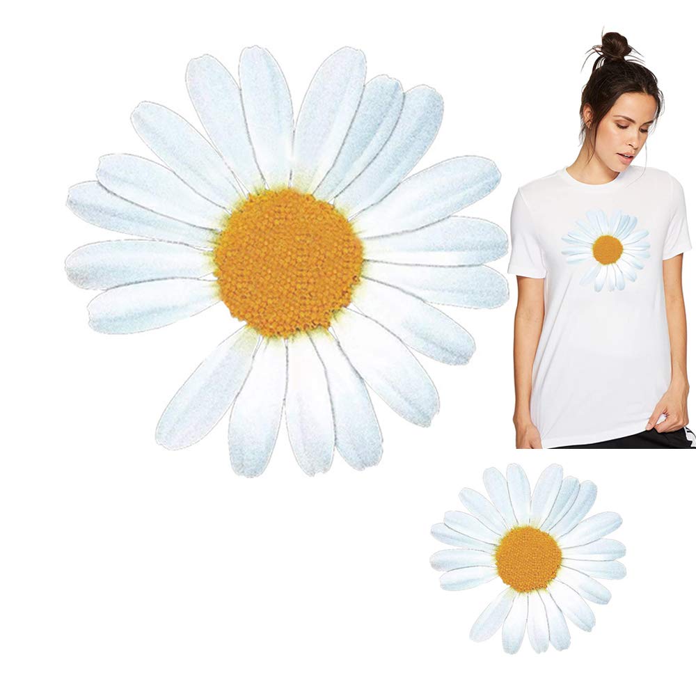 White Daisy Iron On Patches - 2 Pcs Flower Appliques for T-Shirt, Jacket, Dress & Backpack - DIY Clothing Repair & Decoration - Perfect for Crafts, Fashion Upcycling & Custom Designs