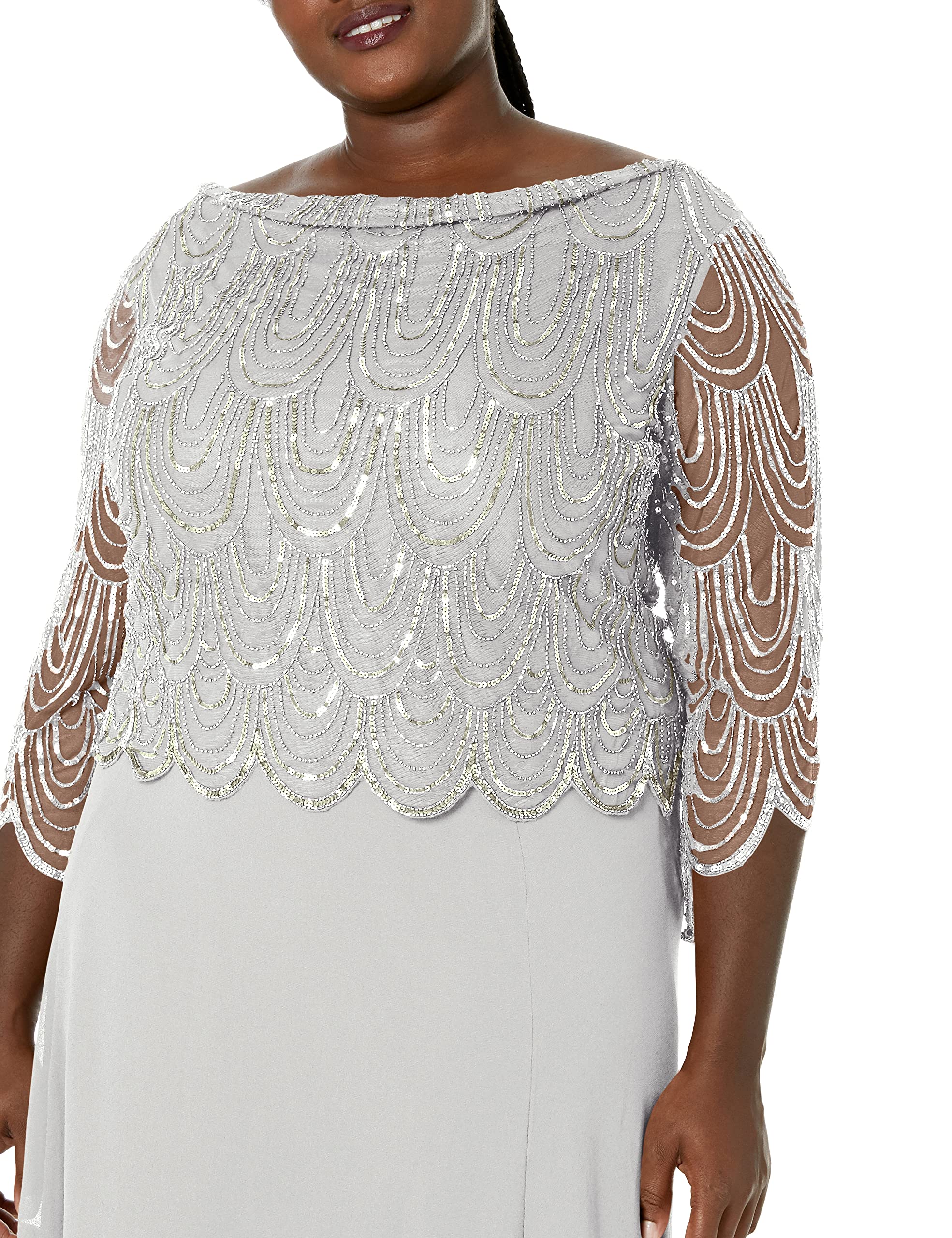 J Kara Women's Plus Size 3/4 Sleeve Scallop Beaded Pop Over Gown - Elegant Evening Dress for Parties, Weddings & Special Occasions