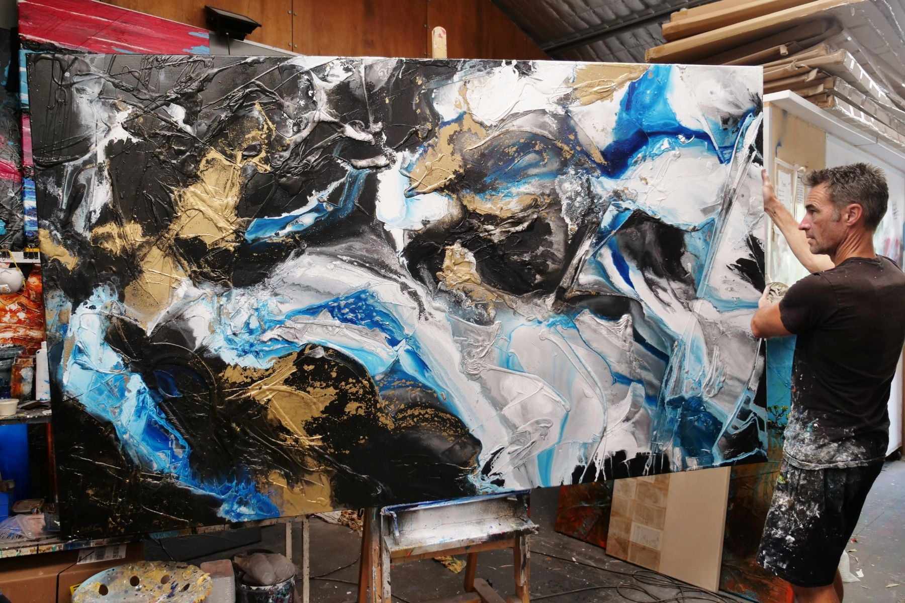 Black Cobalt Gold Textured Abstract Painting - 250cm x 150cm Large Wall Art for Living Room, Bedroom & Office Decor | Cobalt Bliss Collection
