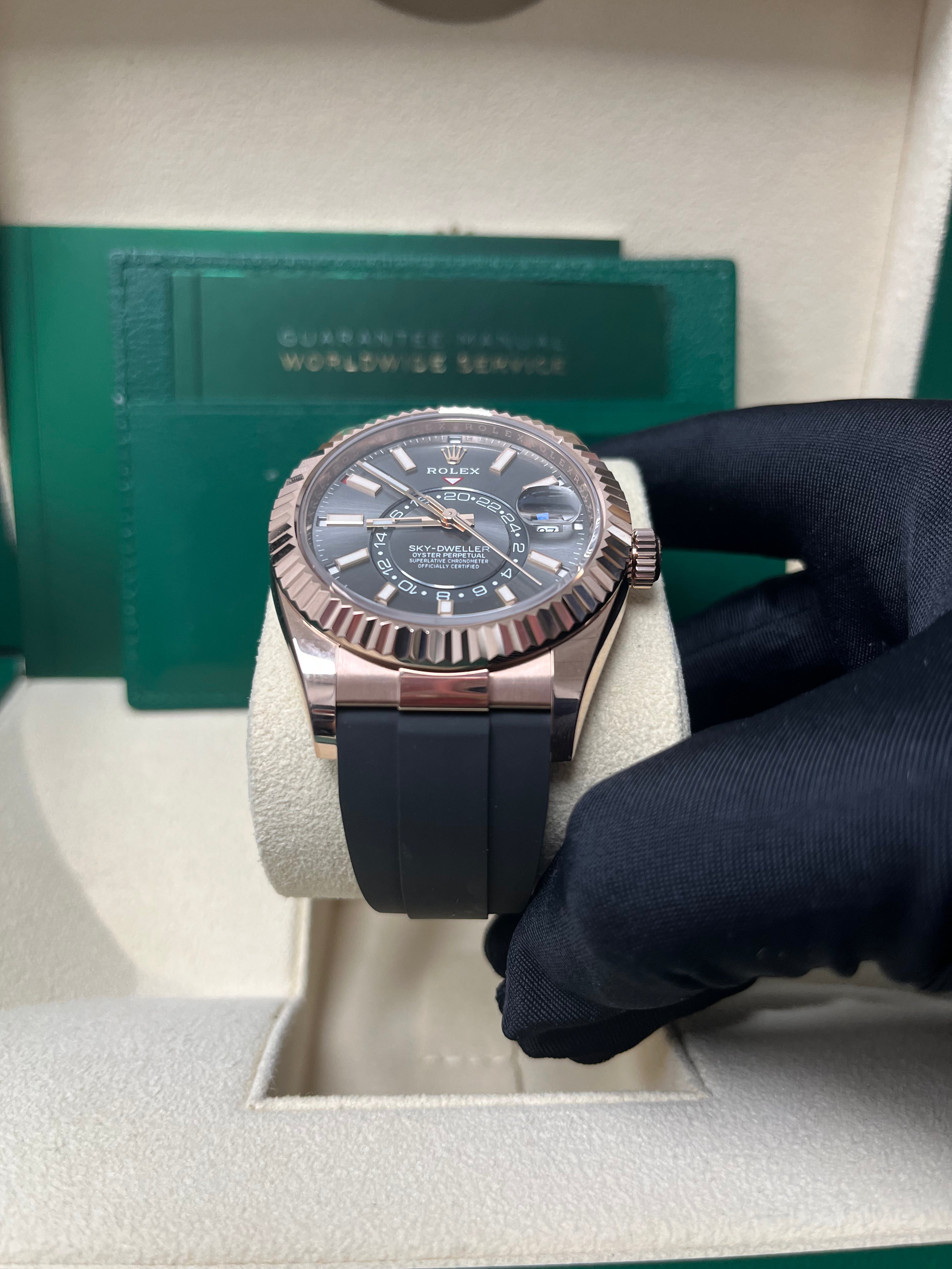Rolex Sky-Dweller 42mm Rose Gold Watch with Dark Rhodium Dial & Oysterflex Bracelet (Ref. 326235) - Luxury Men's Timepiece for Business, Travel & Special Occasions
