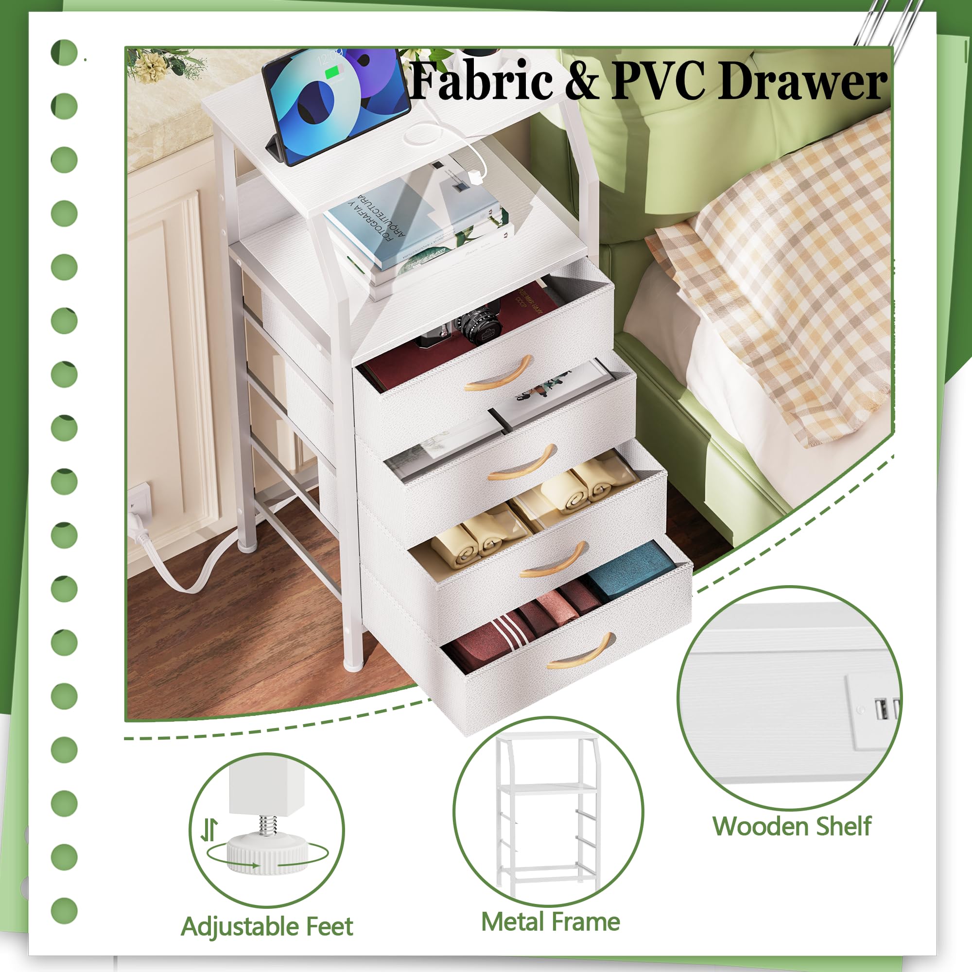 Furnulem 33.3 Inch Nightstand with USB Charging Station - White PVC & Fabric Drawers Bedside Table with Open Shelf - Multi-Functional for Bedroom, Closet, Entryway - Perfect as Dresser, Side Table or Storage Organizer