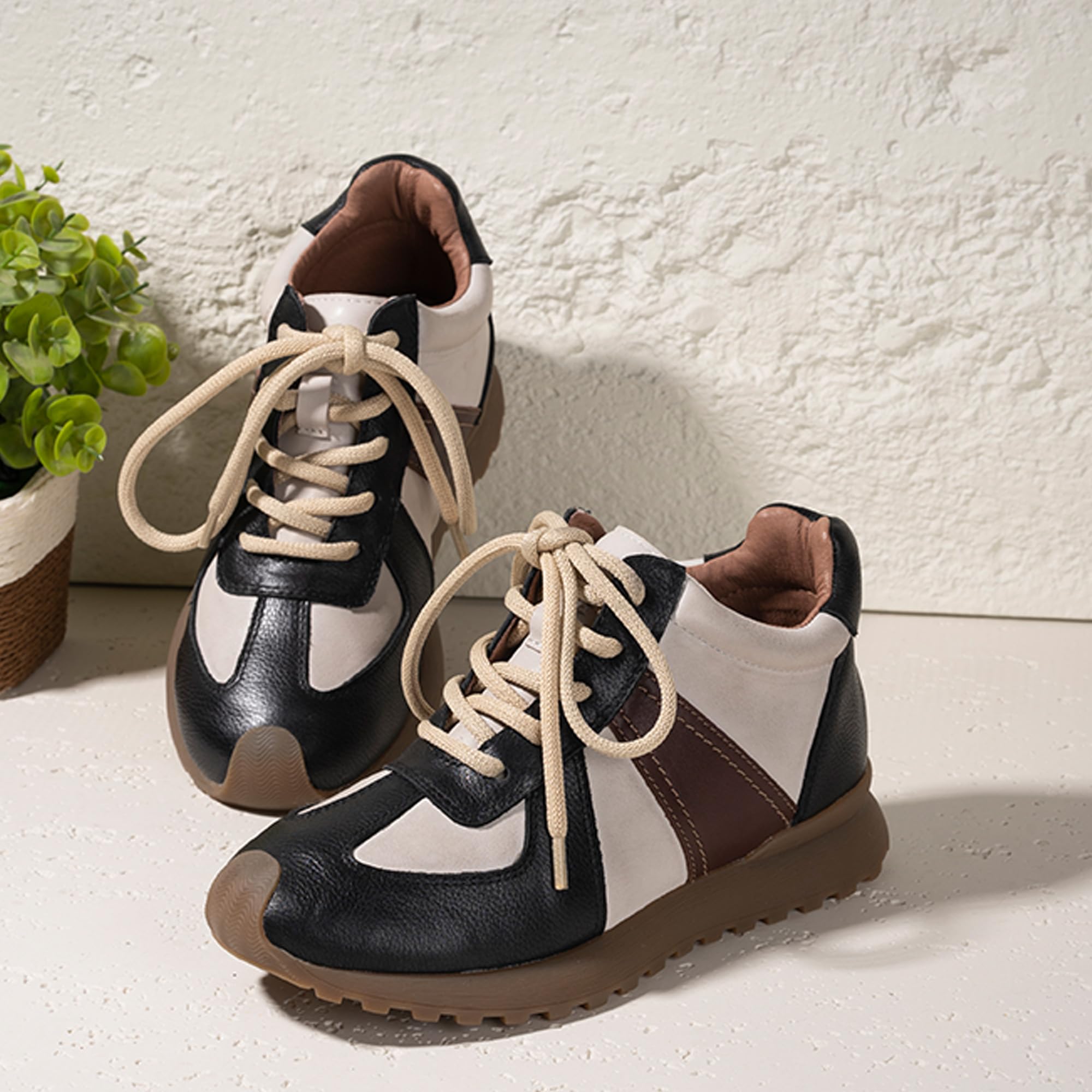 Women's Genuine Leather Casual Walking Sneakers - Patchwork Lace Up Fashion Shoes for Comfort & Durability | Slip On Tennis Running Shoes for Outdoor Activities | Trendy Unisex Sneakers for Daily Wear, Workouts & Street Style