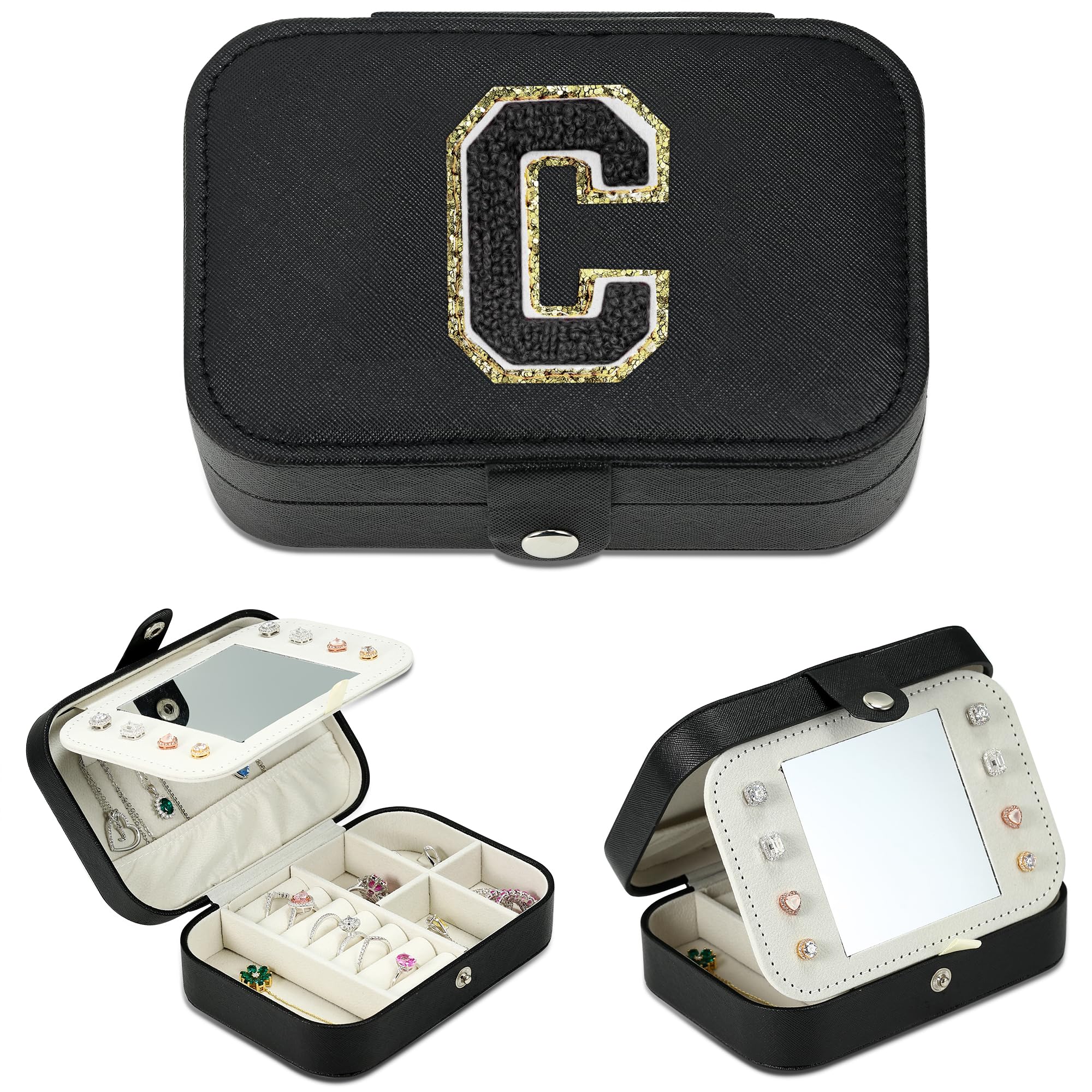 Parima Jewelry Travel Organizer for Women - Necklace, Ring & Earrings Holder | Compact & Stylish Black Jewelry Case (Letter C) | Perfect Travel Essential & Gift for Women | Ideal for Vacations, Business Trips & Daily Use