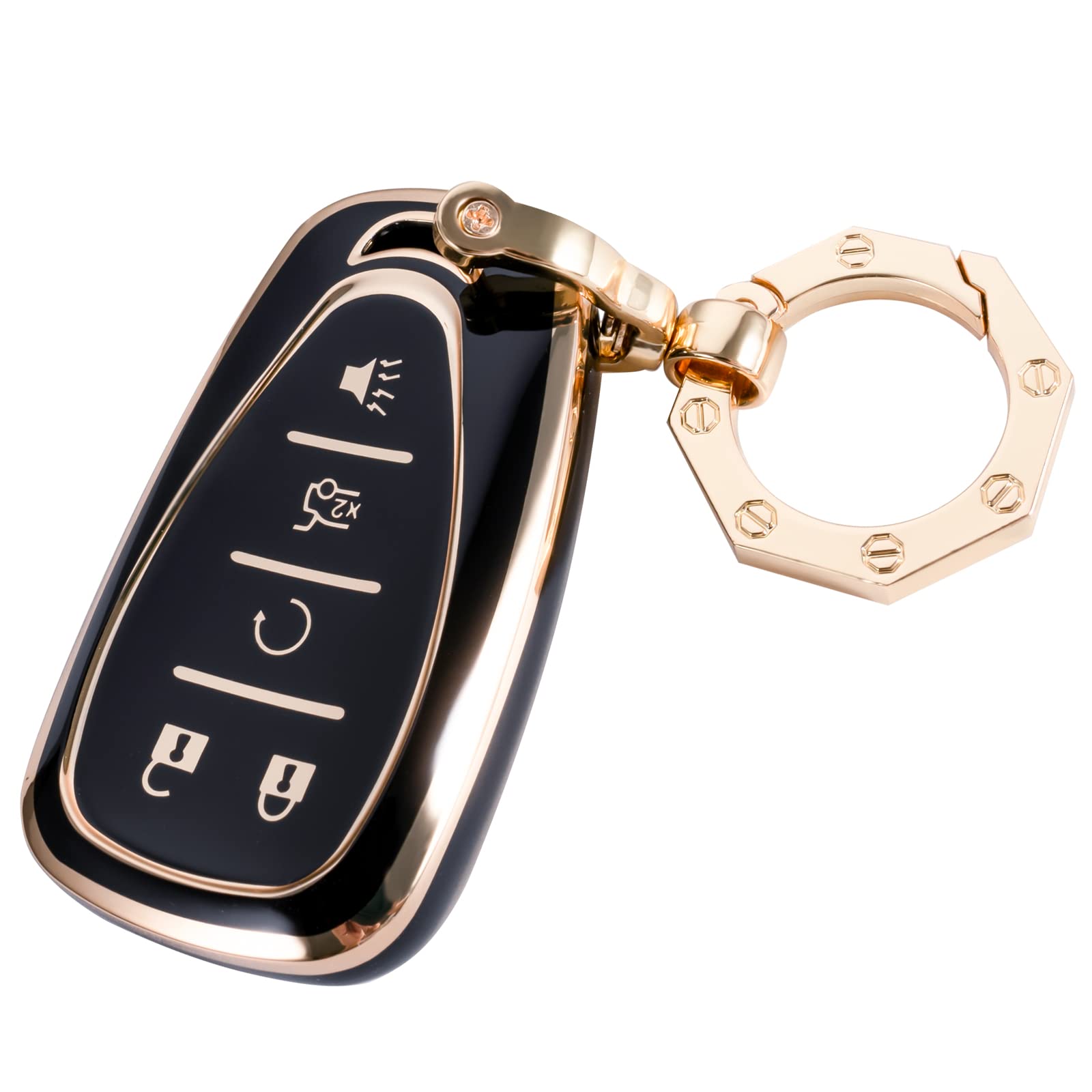Premium Leather Key Fob Cover for Chevrolet - Protective Case Shell with Gold Keychain Compatible with Chevy Malibu, Camaro, Cruze, Traverse, Sonic & Volt | Car Accessories for Key Protection & Style Enhancement