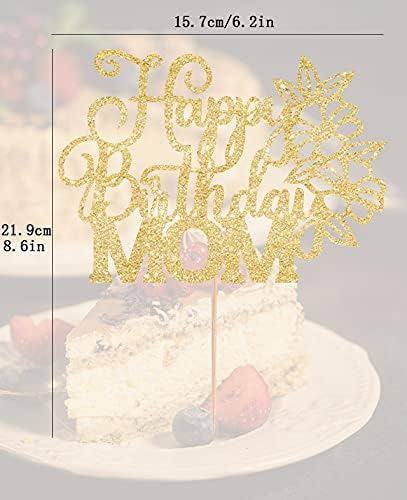 Premium Gold Glitter Flower Cake Topper for Mom - Happy Birthday & Mother's Day Cake Decoration - Elegant Party Supplies for Birthday Celebrations, Mother's Day Parties & Special Occasions
