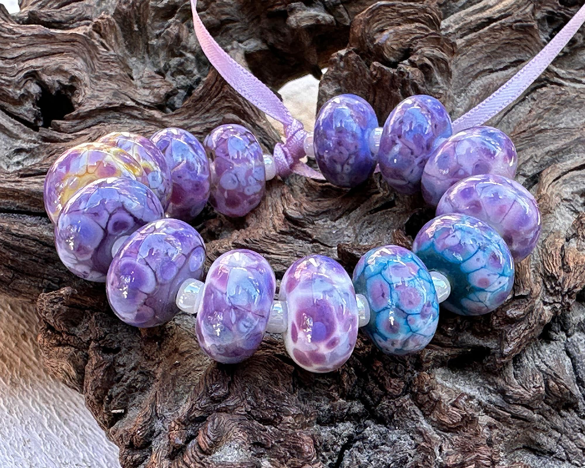 14 Vibrant Purple Mosaic Lampwork Glass Beads Set for Jewelry Making - DIY Bracelet, Necklace & Craft Projects (SRA)
