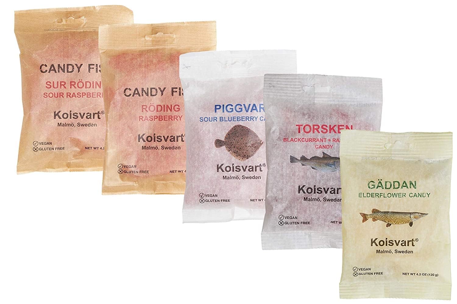 Kolsvart Swedish Candy Variety Pack - 5 Flavors (Raspberry, Blackcurrant, Sour Blueberry, Elderflower) 4.2oz - Perfect for Parties, Gifts & Swedish Food Lovers