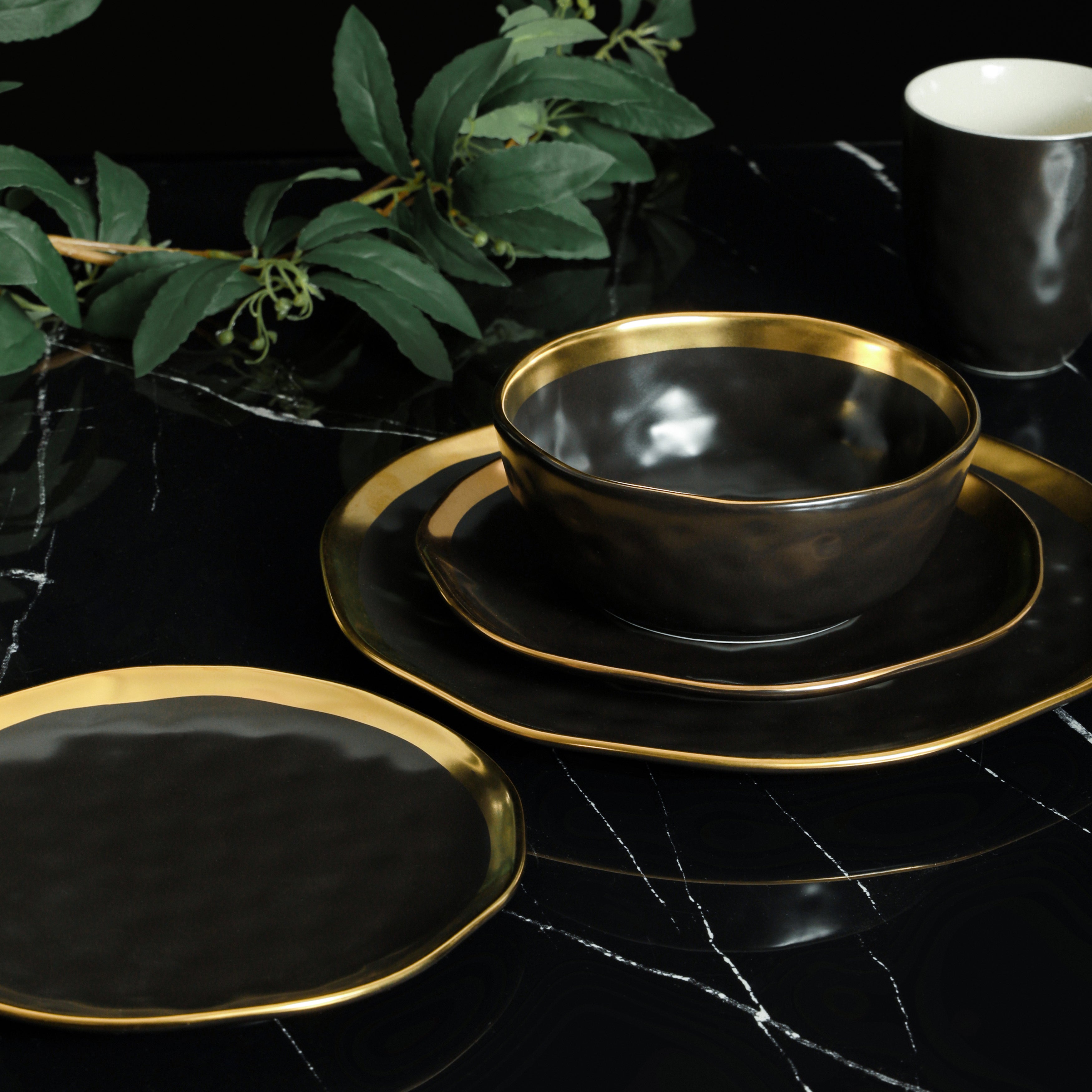 Florian Porcelain Dinnerware Set - 16-Piece Elegant Black Dinner Plates, Bowls & Mugs - Durable Chip-Resistant Dishware for Everyday Use & Formal Dining