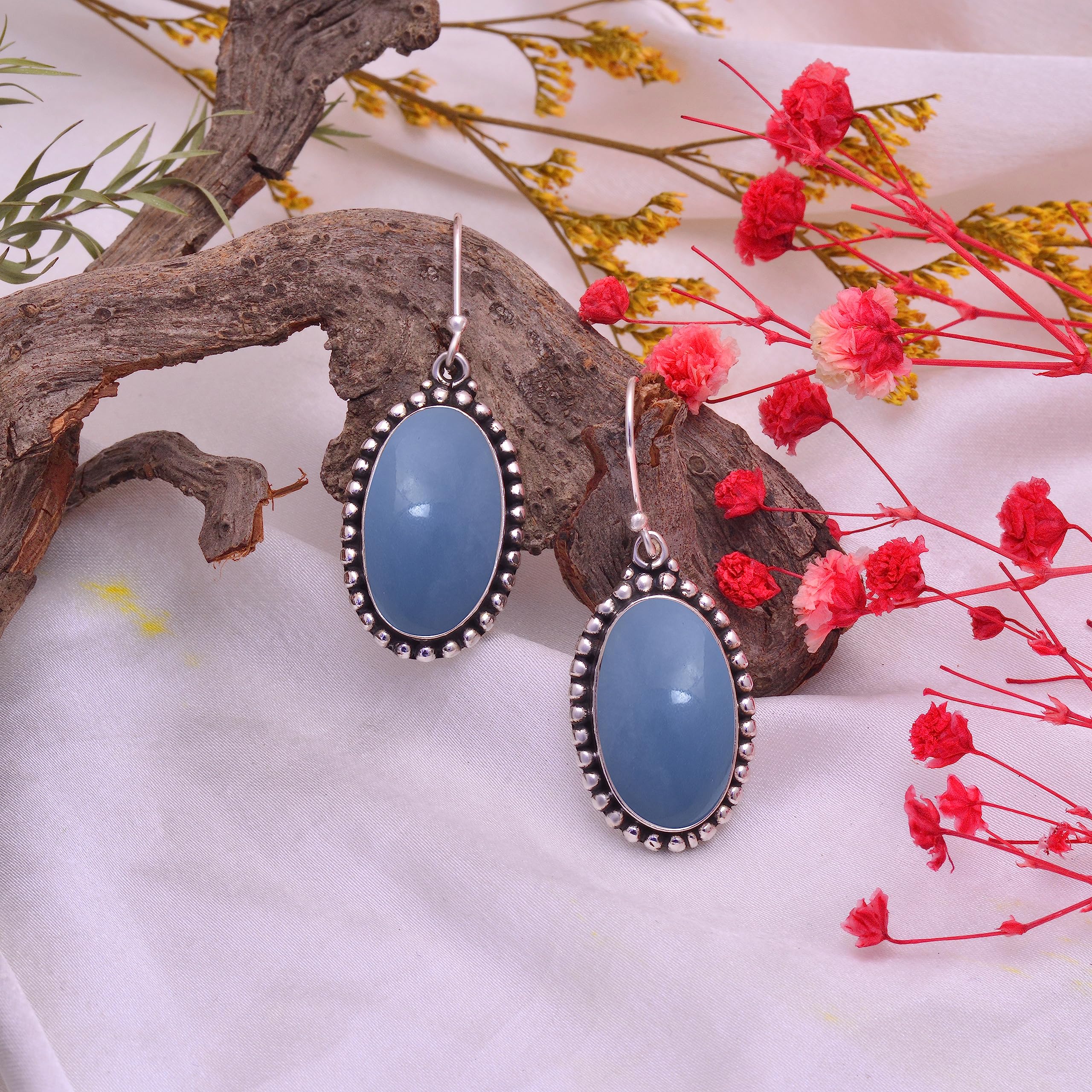 Veracity Jewelry Angelite Earrings for Women - 925 Sterling Silver Dangle Earrings with Blue Angelite Gemstone for Inner Peace - Handmade Healing Crystal Jewelry - Perfect for Meditation, Yoga & Spiritual Healing (VSE-482)