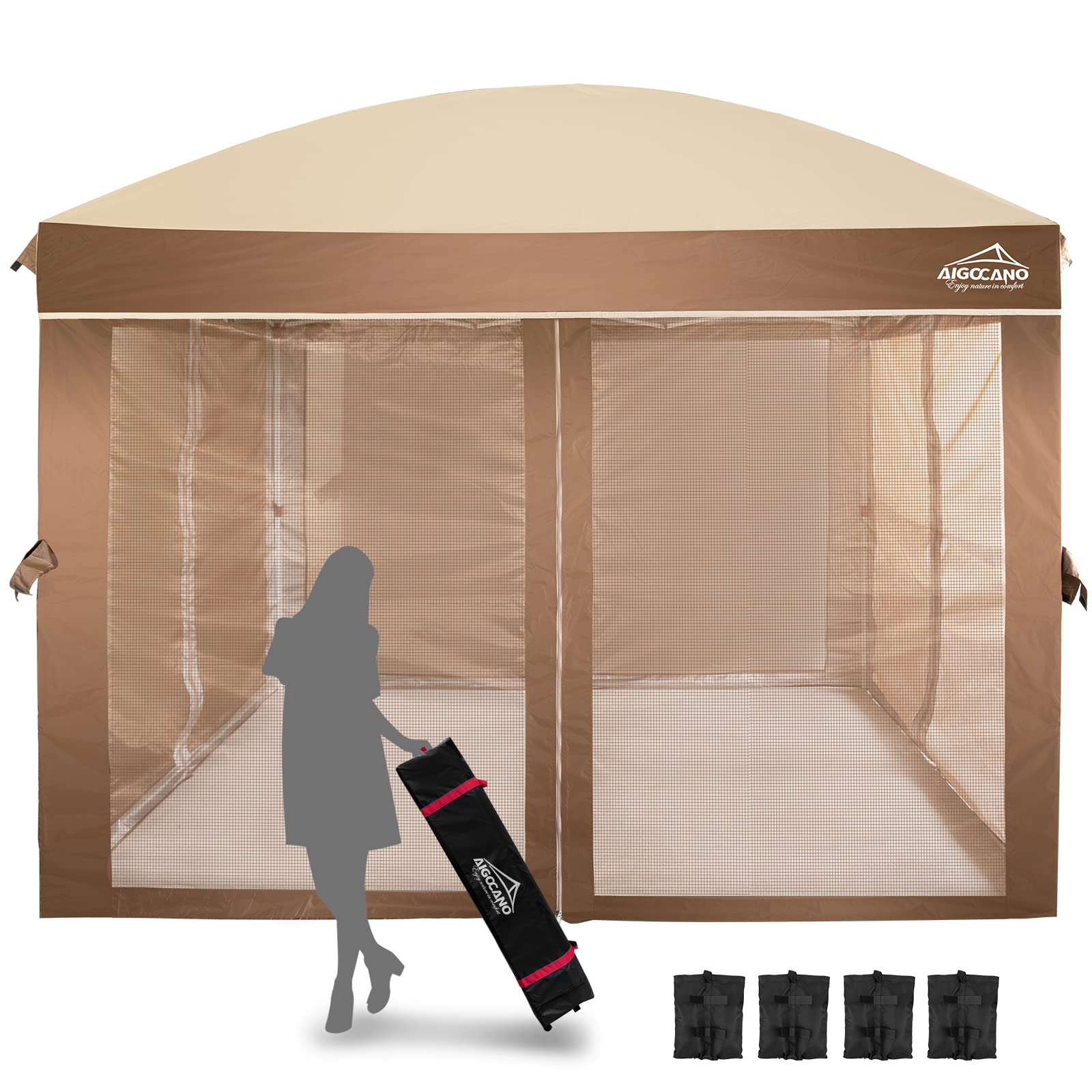 10x10 Pop Up Canopy Tent with Netting Screen - Portable Outdoor Gazebo for Camping, Backyard Parties, Patio Shade - Includes Foldable Frame, Roller Bag & 4 Sandbags (Brown) | Perfect for Beach Picnics, Tailgating & Farmers Markets
