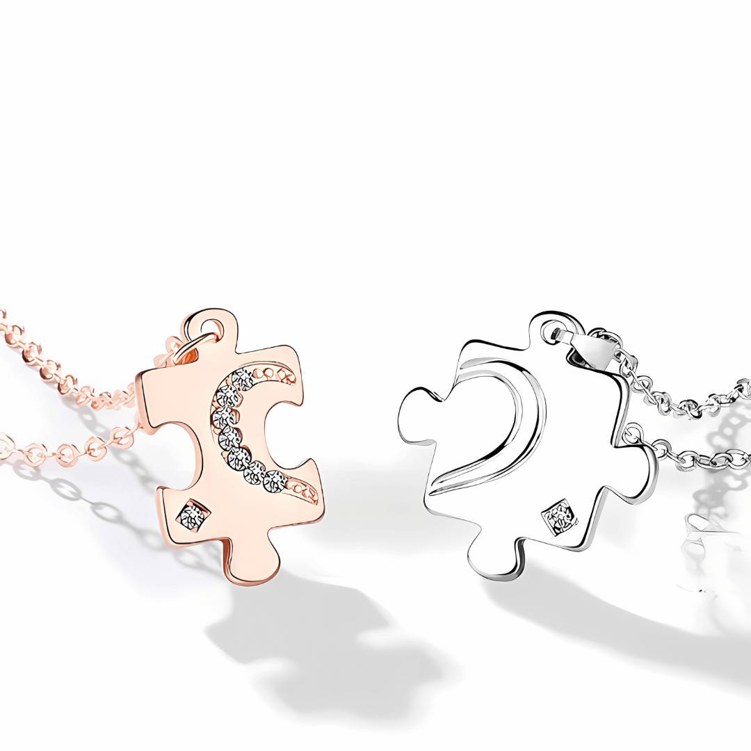 Encrusted Matching Puzzle Couple Necklace Set - Romantic Gift for Couples, Best Friends & Anniversaries | Perfect for Valentine's Day, Weddings & Special Occasions | HN250