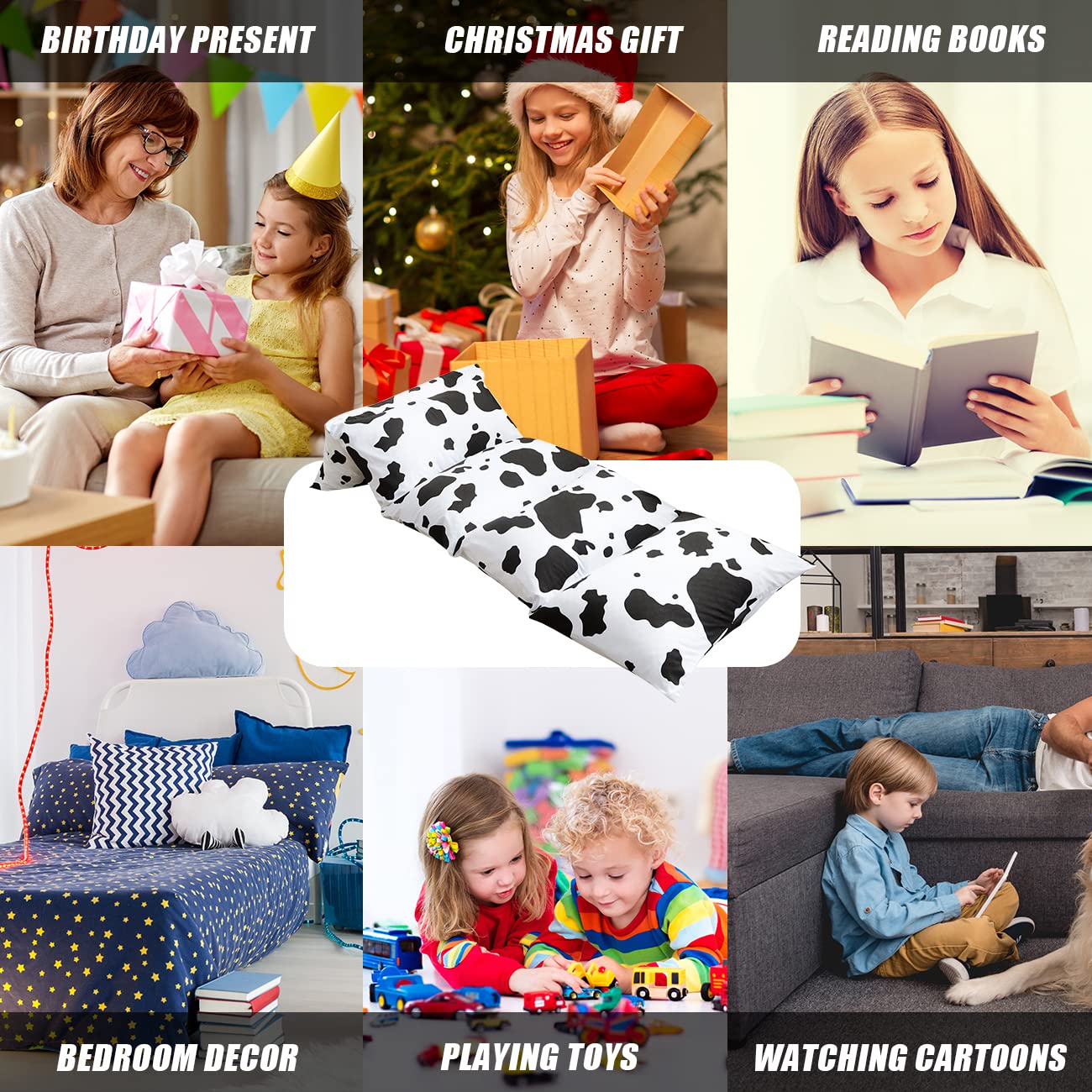Mengersi Kids Floor Pillow Lounger Cover - Soft Cow Print Pillow Case for Boys & Girls, Toddler Bed Cover (Queen Size, 5 Pillows Required, Pillows Not Included) - Perfect for Playroom, Nursery, or Cozy Reading Nook
