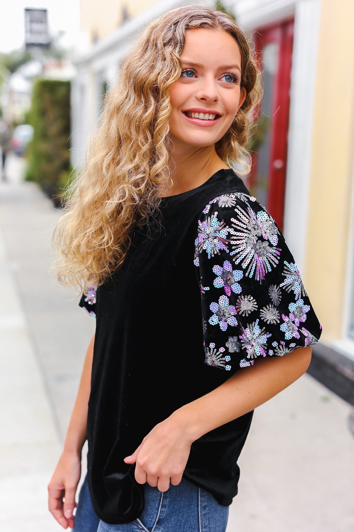 Glamorous Black Floral Sequin Puff Sleeve Velvet Top for Women | Elegant Party Blouse | Perfect for Evening Events, Date Nights & Special Occasions