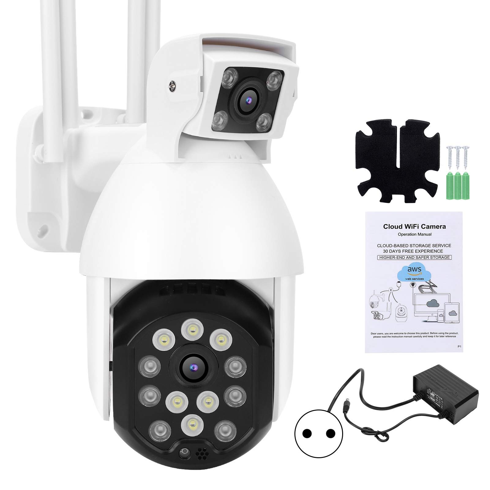 1080P WiFi Security Camera with Dual Lens, Auto Tracking, Full Color Night Vision & Siren - Wireless Home Security System (100-240V, US Plug) for Indoor/Outdoor Surveillance & Smart Home Monitoring