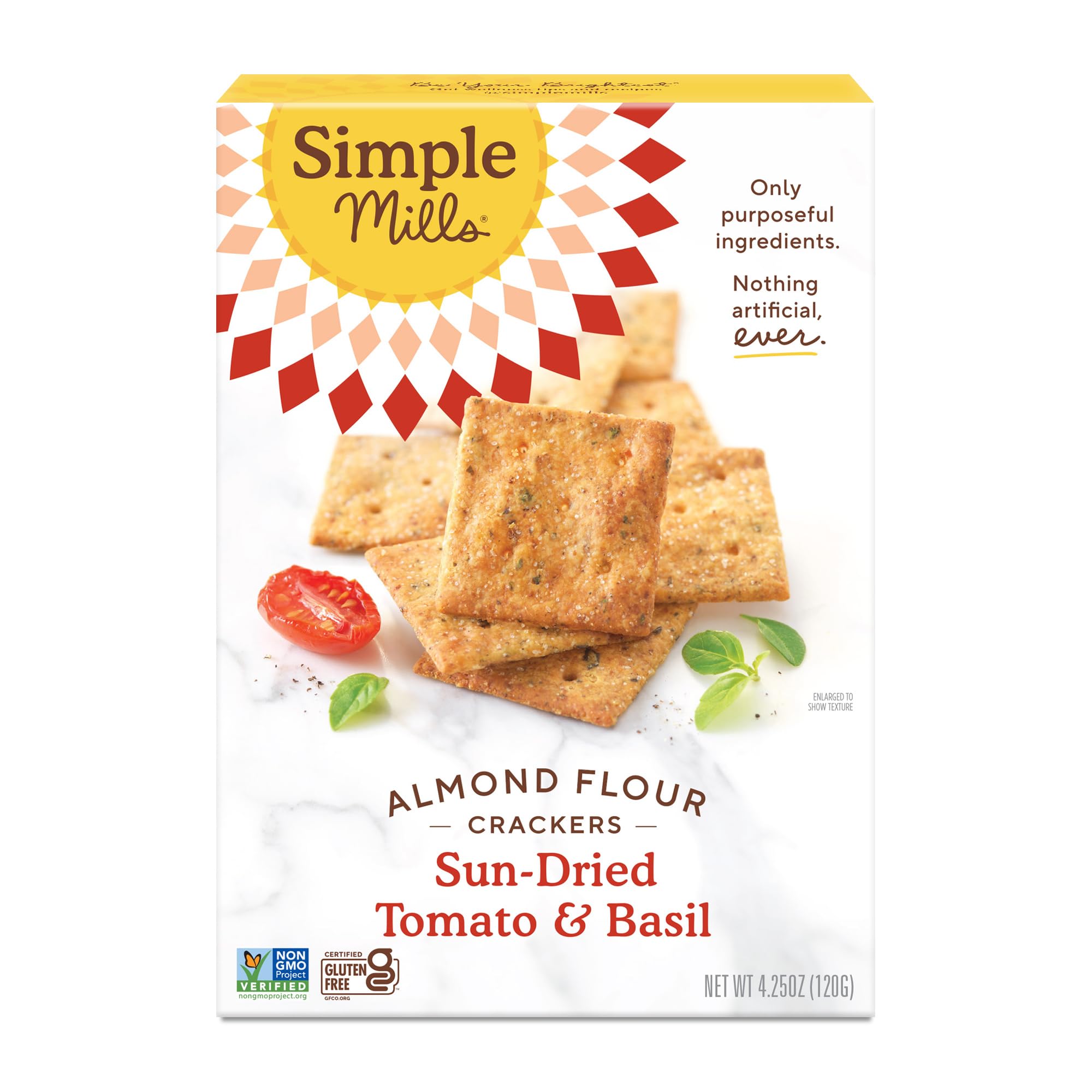 Simple Mills Almond Flour Crackers - Sundried Tomato & Basil | Gluten Free, Vegan, Healthy Snacks, Plant Based, Non-GMO | 4.25oz (Pack of 1) | Perfect for Lunchboxes, Picnics & Keto Diet