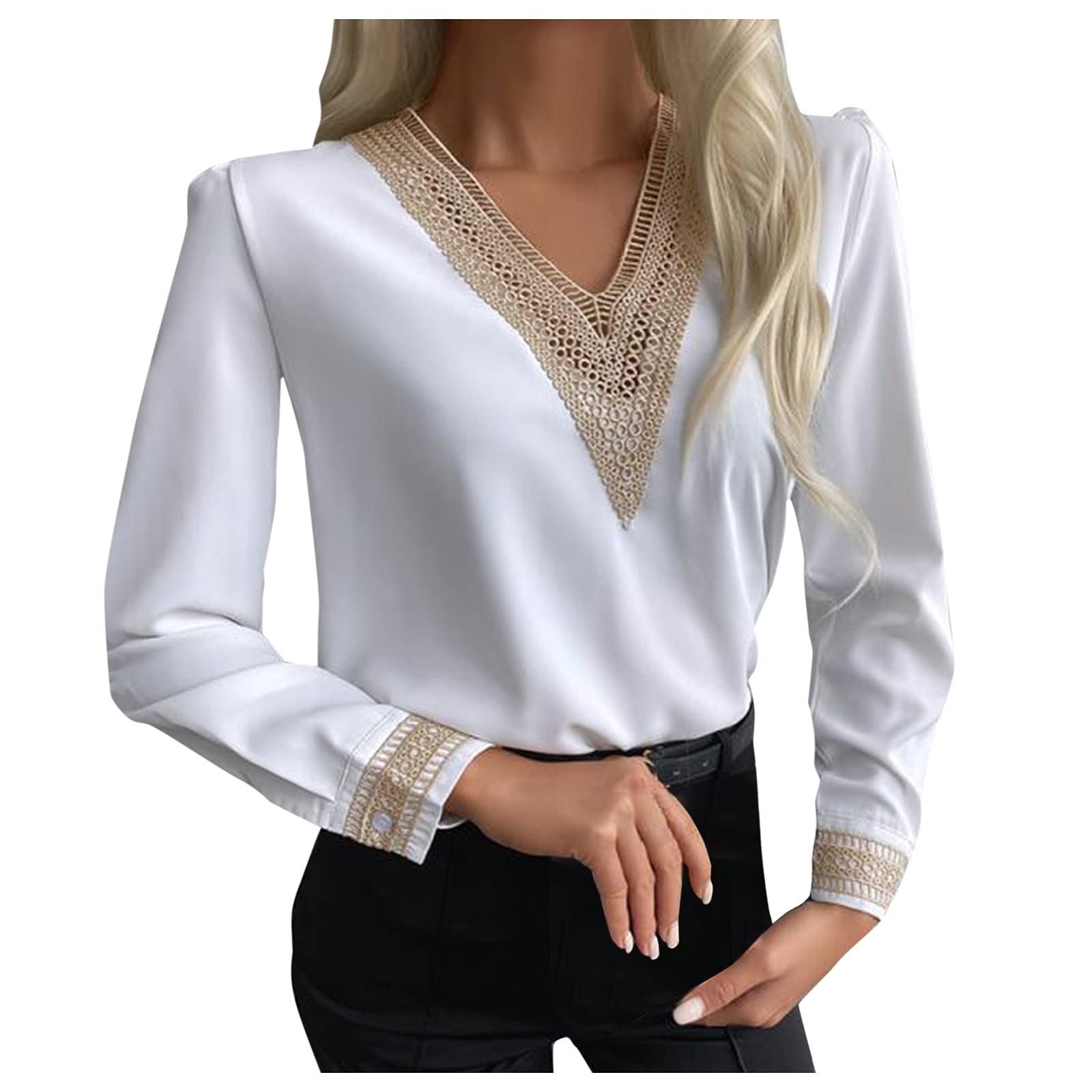 Women's Lace Patchwork V-Neck Pullover Sweater - Soft Long Sleeve Casual Tops for Fall & Winter | Perfect for Office, Date Night & Holiday Outfits