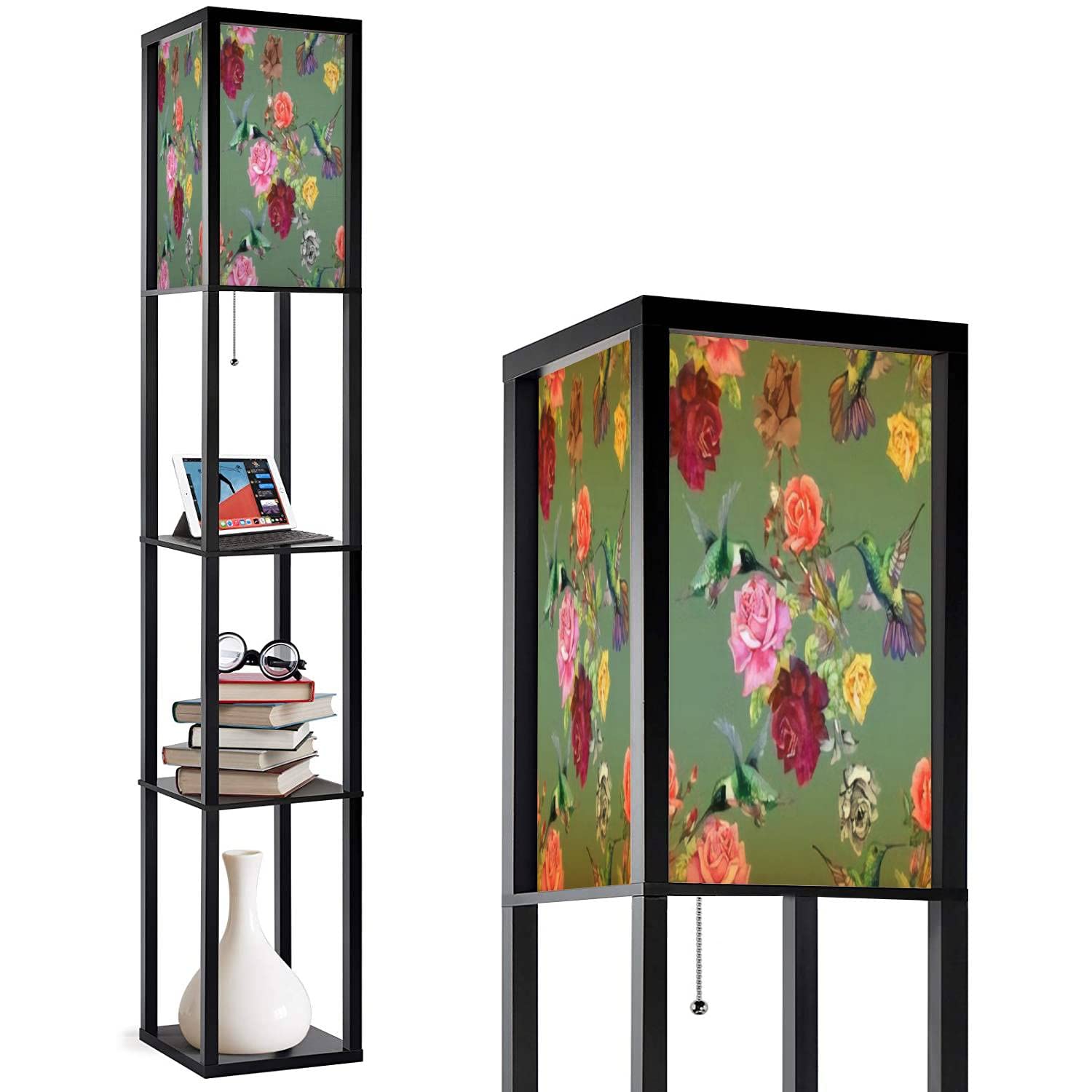 Exotic Colibri Birds & Rose Flowers Corner Floor Lamp with Shelves - 3 Color LED Tall Standing Lamp with Linen Lampshade for Living Room, Bedroom, Nursery | Perfect Reading Light & Decorative Accent Piece