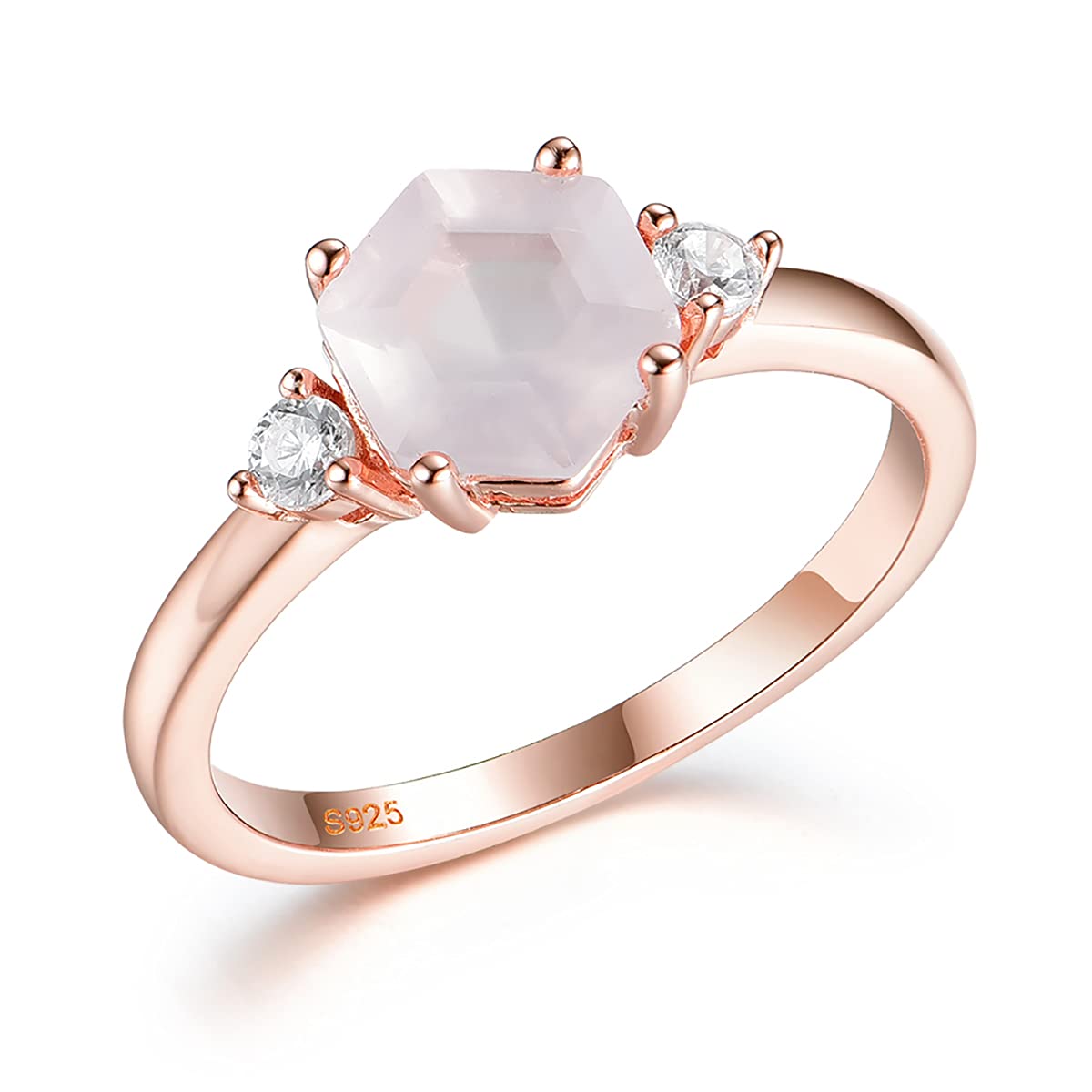 Genuine Rose Quartz Gemstone 925 Sterling Silver Ring for Women - 585 Rose Gold Plated Hexagon Cut Engagement Ring, Romantic Birthday Gift for Bride, Anniversary, Wedding & Special Occasions