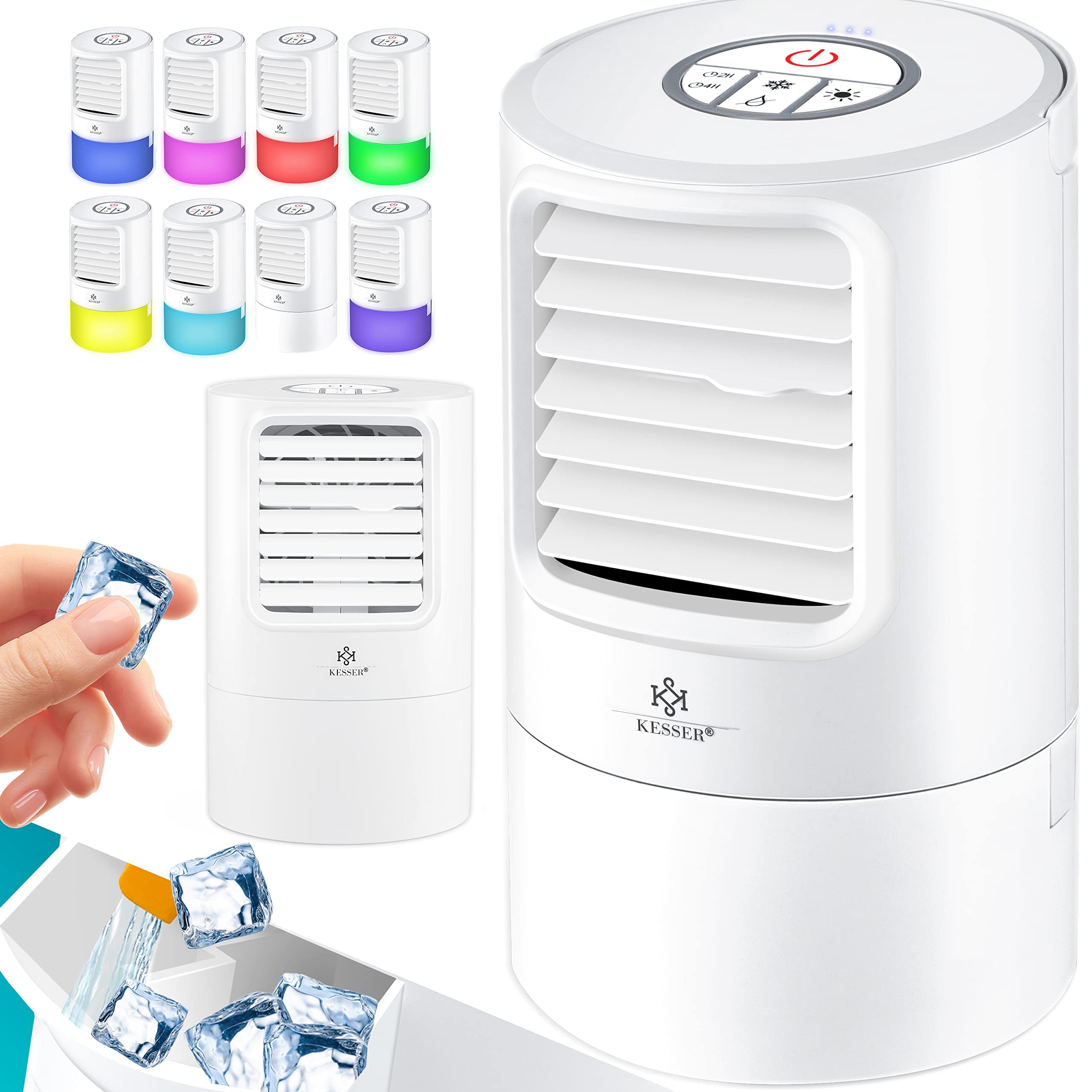 KESSER® Portable 4-in-1 Mini Air Conditioner with LED Lights, Fan, Water Tank & Timer - 3 Speed Levels, Ionizer Humidifier, Compact Personal Cooler (White) - Perfect for Bedroom, Office & Small Spaces
