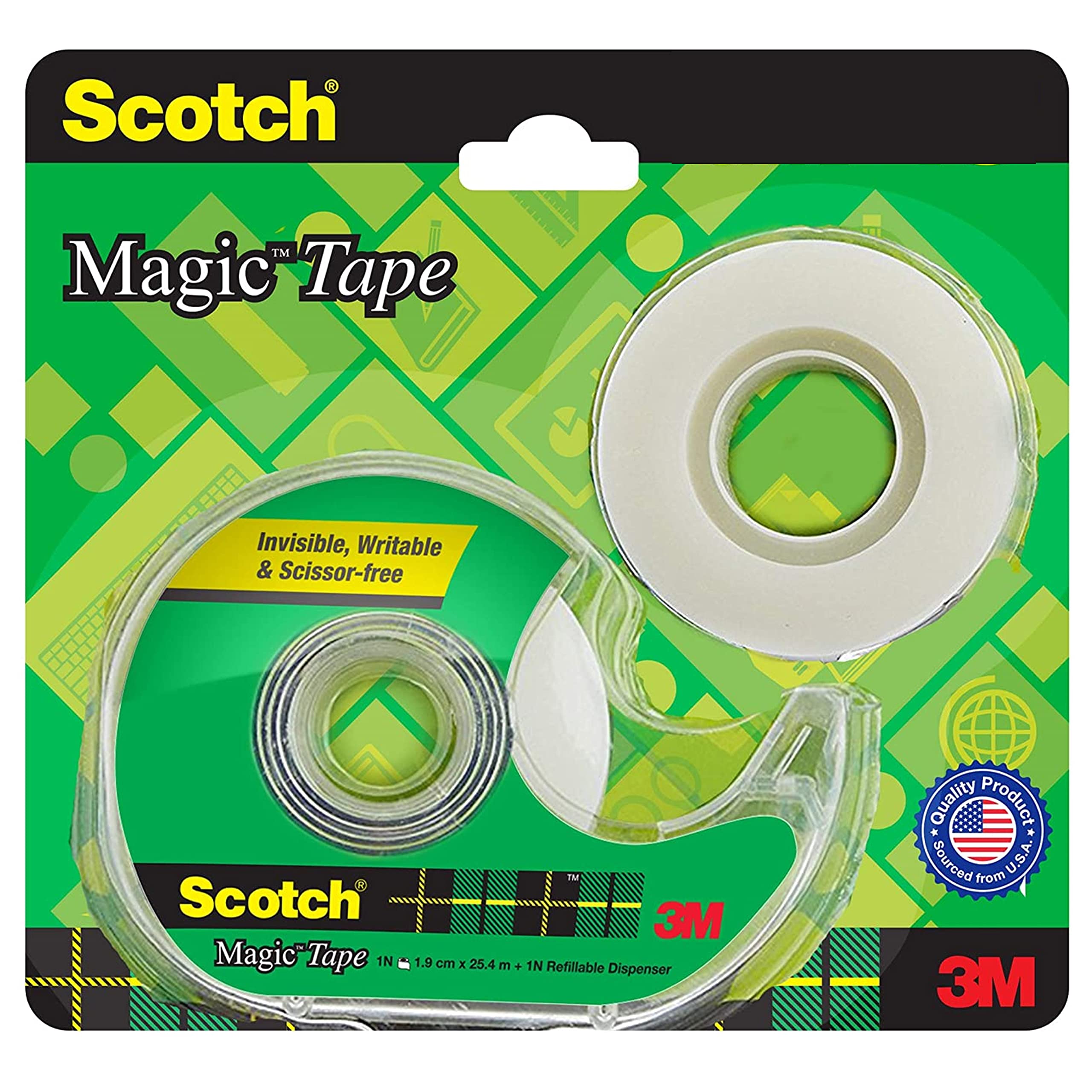 3M Scotch Magic Tape Roll (2-Pack) with Refillable Dispenser - 1.9cm x 25.4 Meter Invisible, Writable & Hand-Tearable Adhesive Tape - Perfect for School Projects, Office Work, Home Organization & Gift Wrapping - White