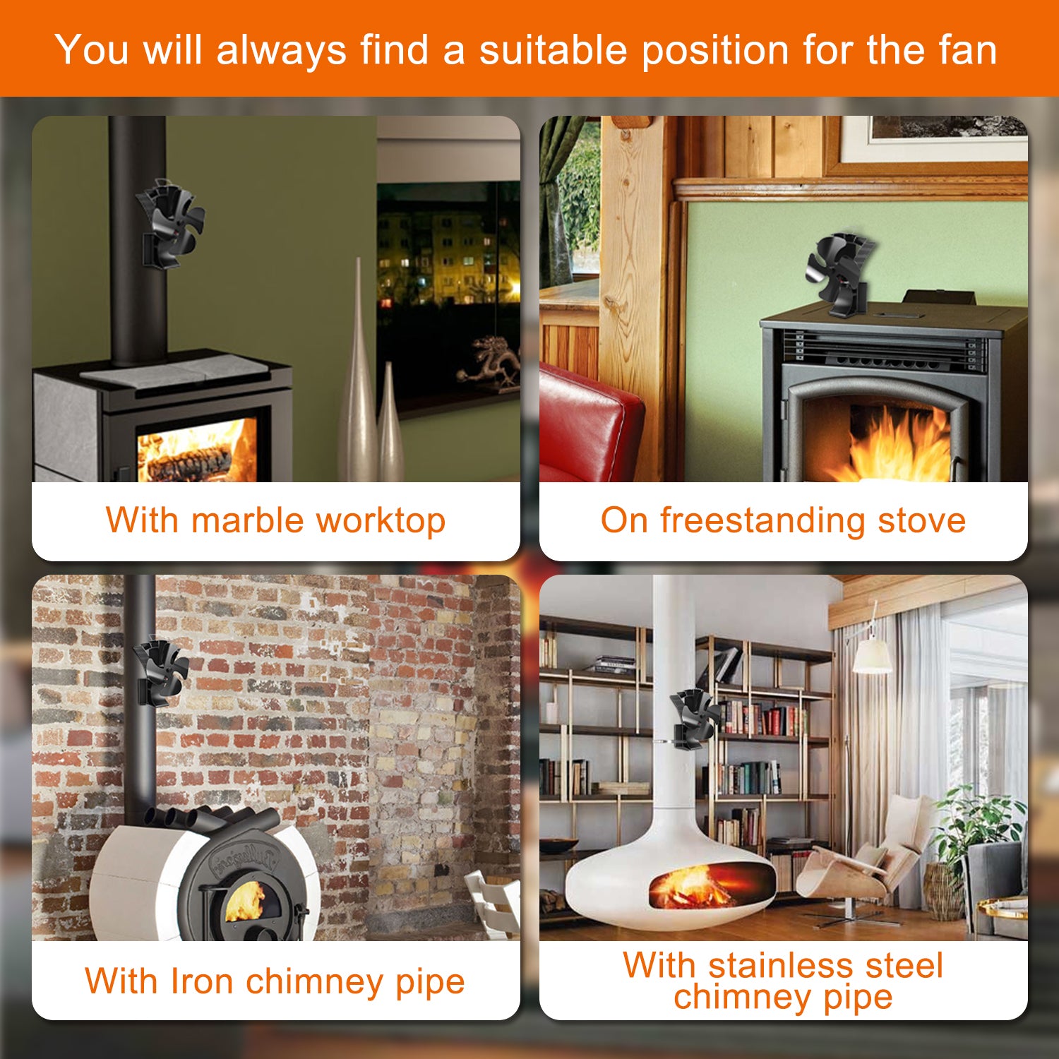 VODA 3-in-1 Wood Stove Fan with 4 Blades - Heat Powered Magnetic Fan for Fireplace, Camping & Home Heating - Eco-Friendly & Silent Operation