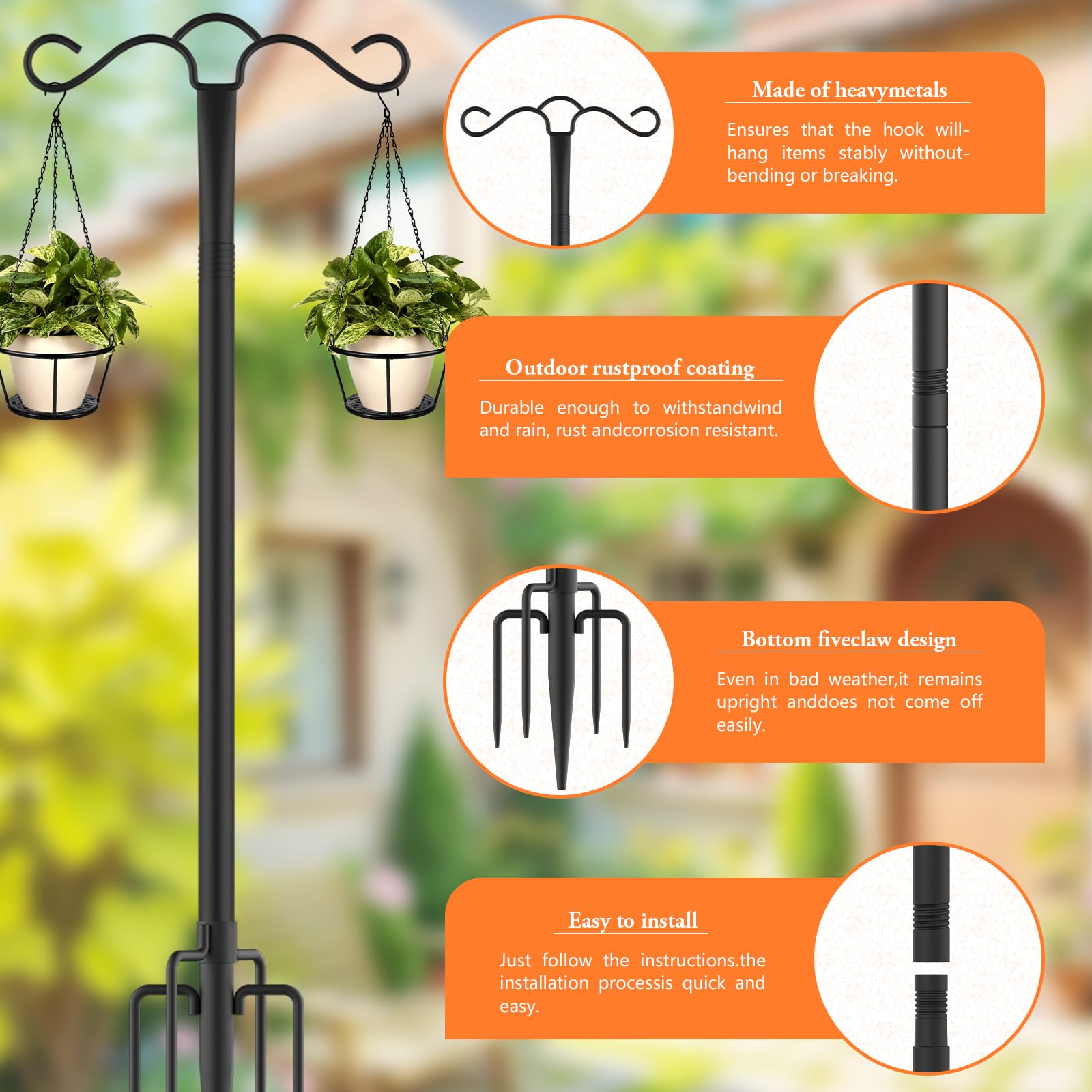 110 Inch Heavy Duty Double Shepherds Hook with 5-Prong Base - Outdoor Bird Feeder Pole for Hanging Lanterns, Hummingbird Feeders & Plants | Perfect for Garden Decor, Patio Hanging Decorations & Backyard Bird Watching