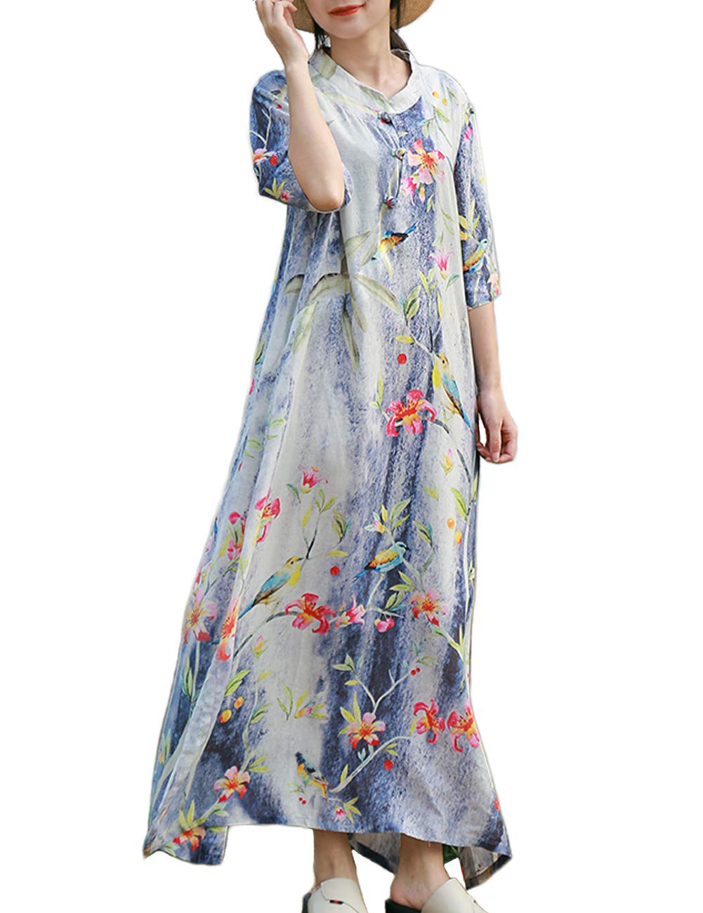 Vintage Floral Maxi Dress for Women - Short Sleeve Cotton Linen Kaftan Dress with Pockets (32415 Floral, M) | Beach Cover Up, Summer Boho Outfit, Casual Dress for Vacations