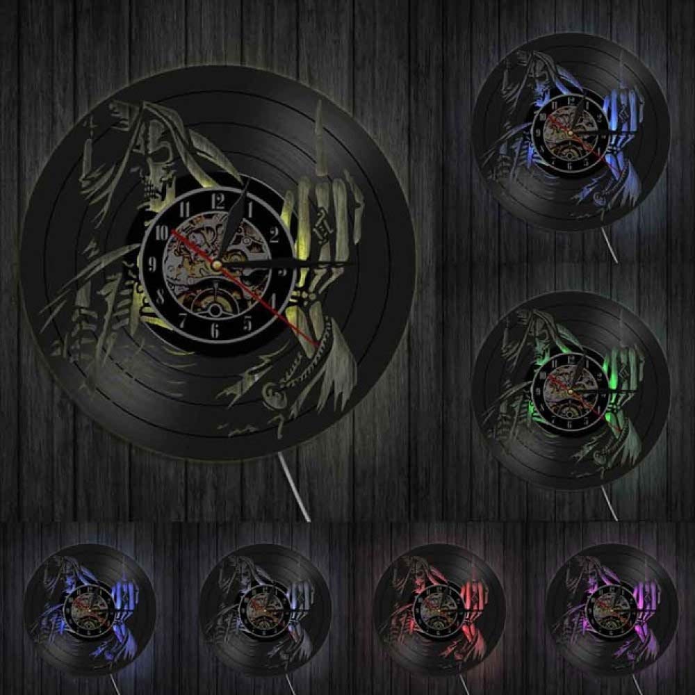 Punk Skull Skeleton Middle Finger Wall Clock - Unique Vinyl Record Clock with Spiral Bone Design - Modern Gothic Wall Art for Home, Office & Man Cave Decor