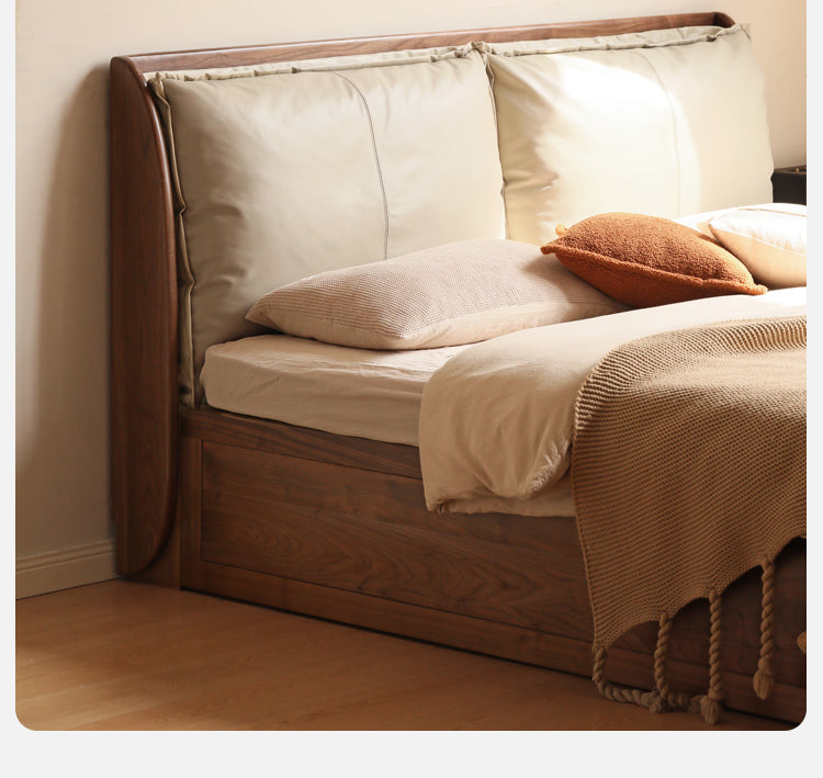 Solid Black Walnut Wood Bed with Genuine Leather Headboard - Luxury Bedroom Furniture for Master Suite, Guest Room & Modern Home Decor