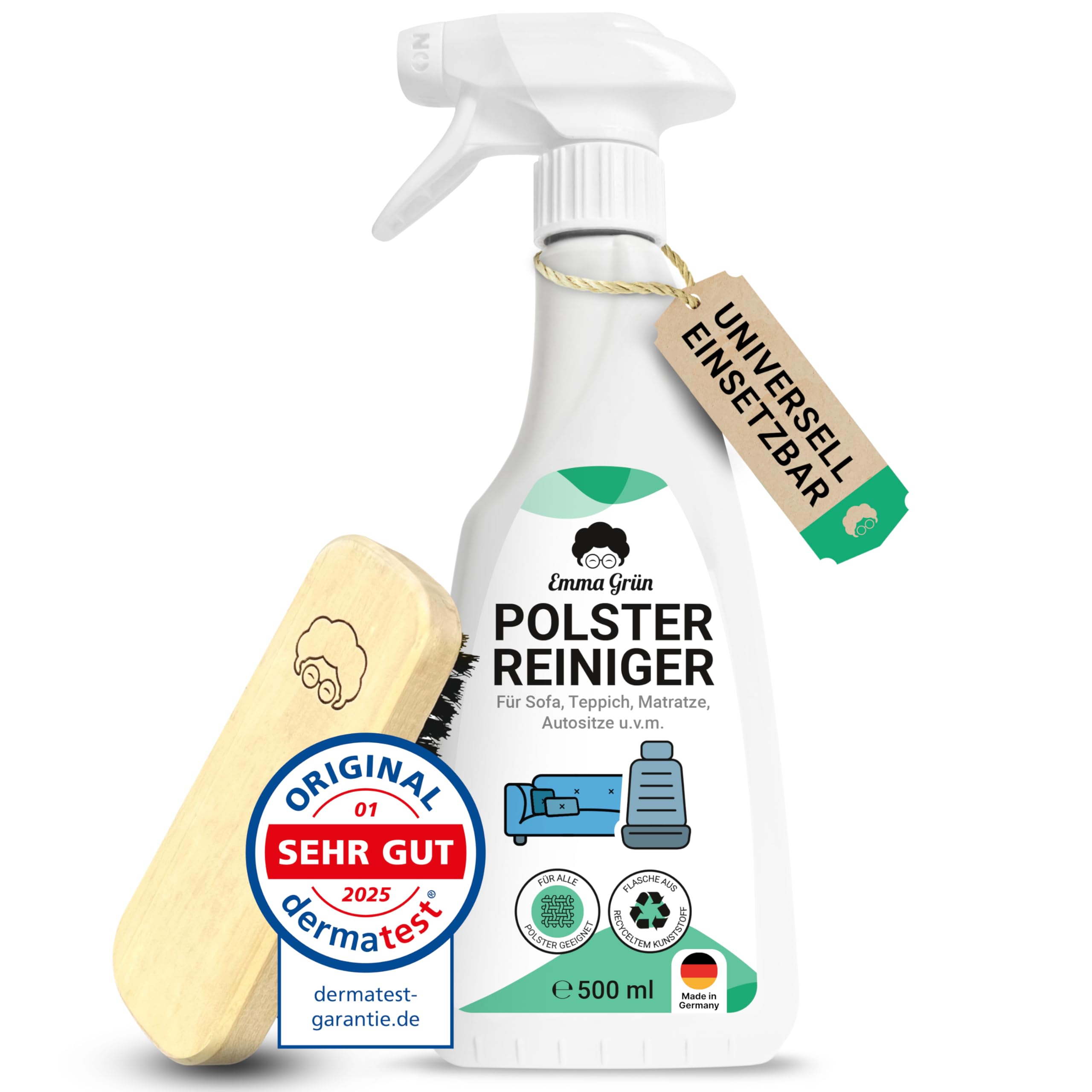 Emma Grün® Upholstery Cleaner for Sofa, Couch & Car Seats 500ml [Includes Upholstery Brush] - Eco-Friendly & Odor Eliminator - Car Interior Cleaner - Made in Germany - Perfect for Deep Cleaning Furniture, Removing Stains & Refreshing Vehicle Upholstery