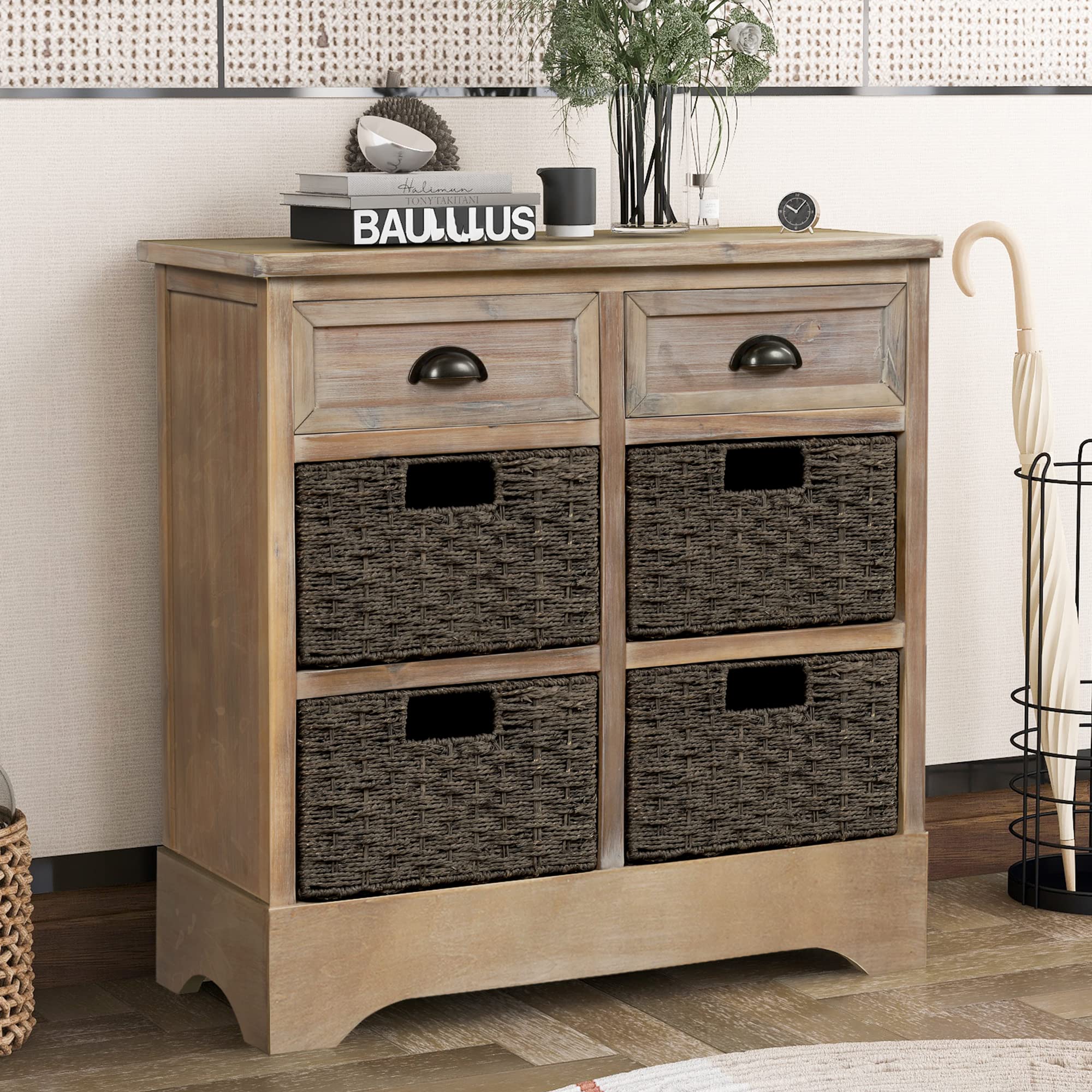 Rustic White Washed Storage Cabinet with 2 Wood Drawers & 4 Wicker Baskets - Organizer for Home, Kitchen, Entryway & Living Room | Perfect for Farmhouse Decor & Small Space Organization