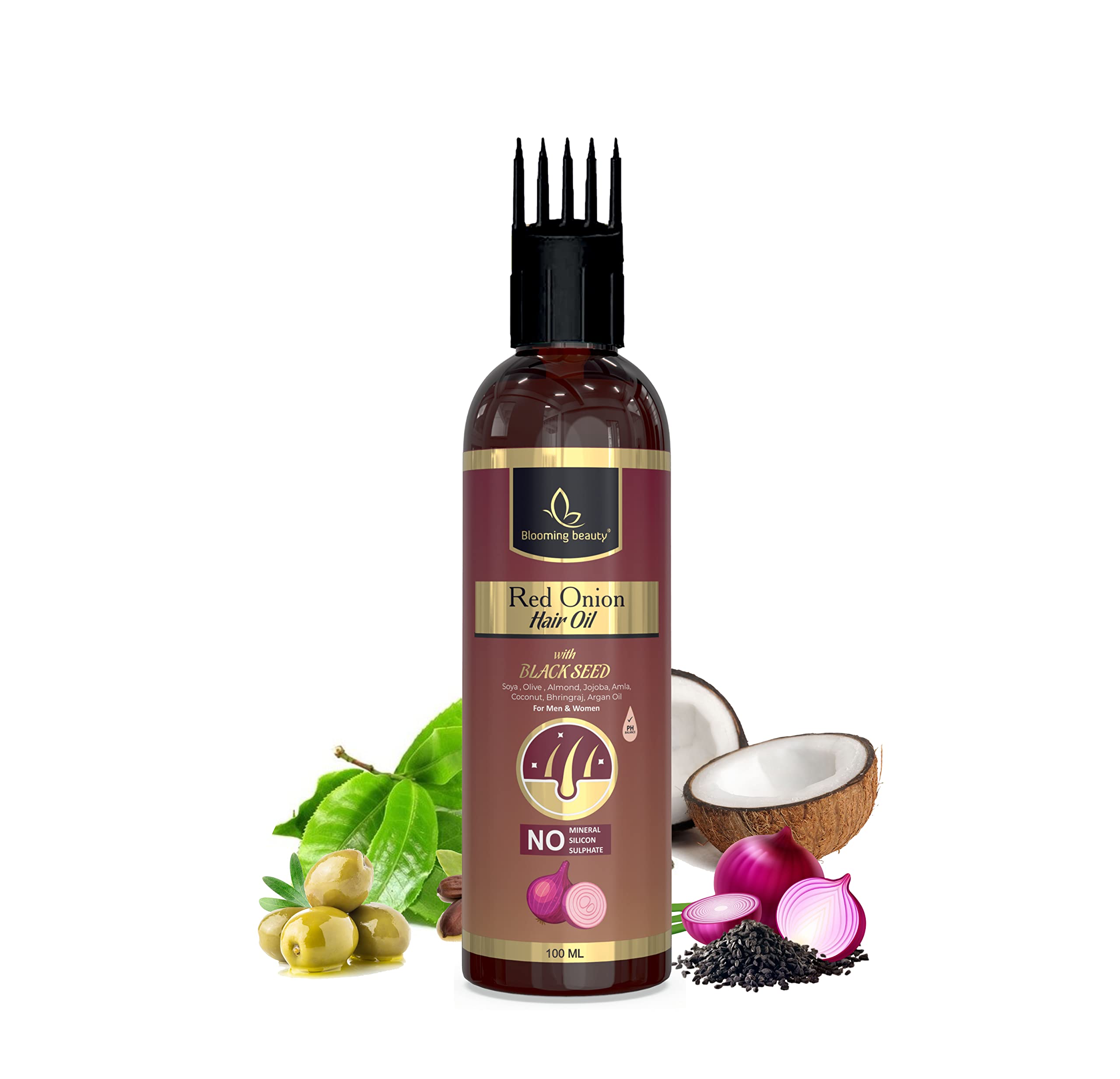 Blooming Beauty Red Onion Hair Growth Oil with Black Seed, Aloe Vera, Neem Leaf & 16 Natural Extracts - Promotes Healthy Hair & Reduces Hair Loss (100ml with Comb Cap) - Perfect for Daily Scalp Massage & Thinning Hair Care