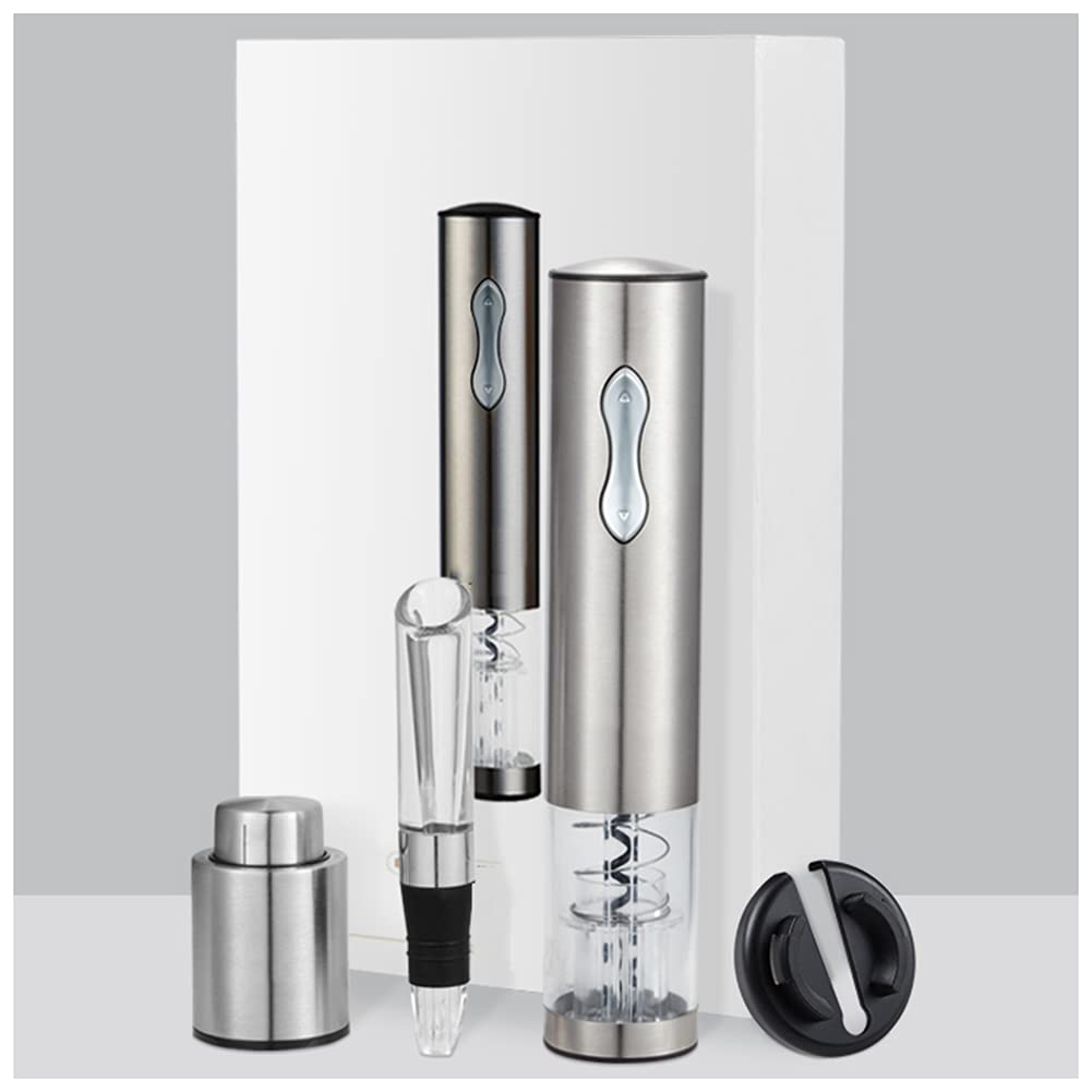 USB Rechargeable Automatic Electric Wine Opener Set - 4-in-1 Stainless Steel Corkscrew with Foil Cutter, Vacuum Stopper & Aerator Pourer for Red/White Wine | Perfect for Dinner Parties, Gifts & Home Bars (Silver)