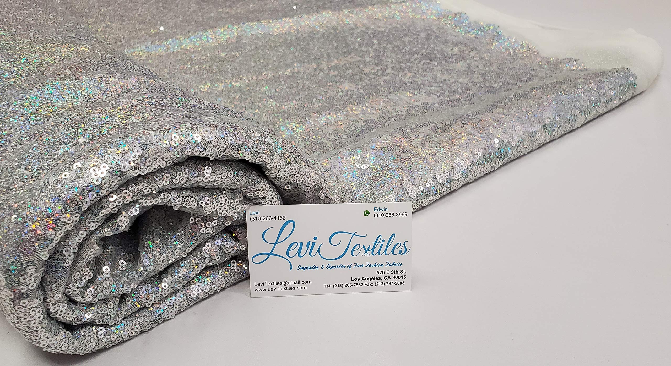 Levi Textiles 3 Feet Iridescent Sequin Fabric by The Yard - Hologram Silver Tablecloth, Linen, Table Runner & Photo Booth Backdrop for Weddings, Parties & Home Decor