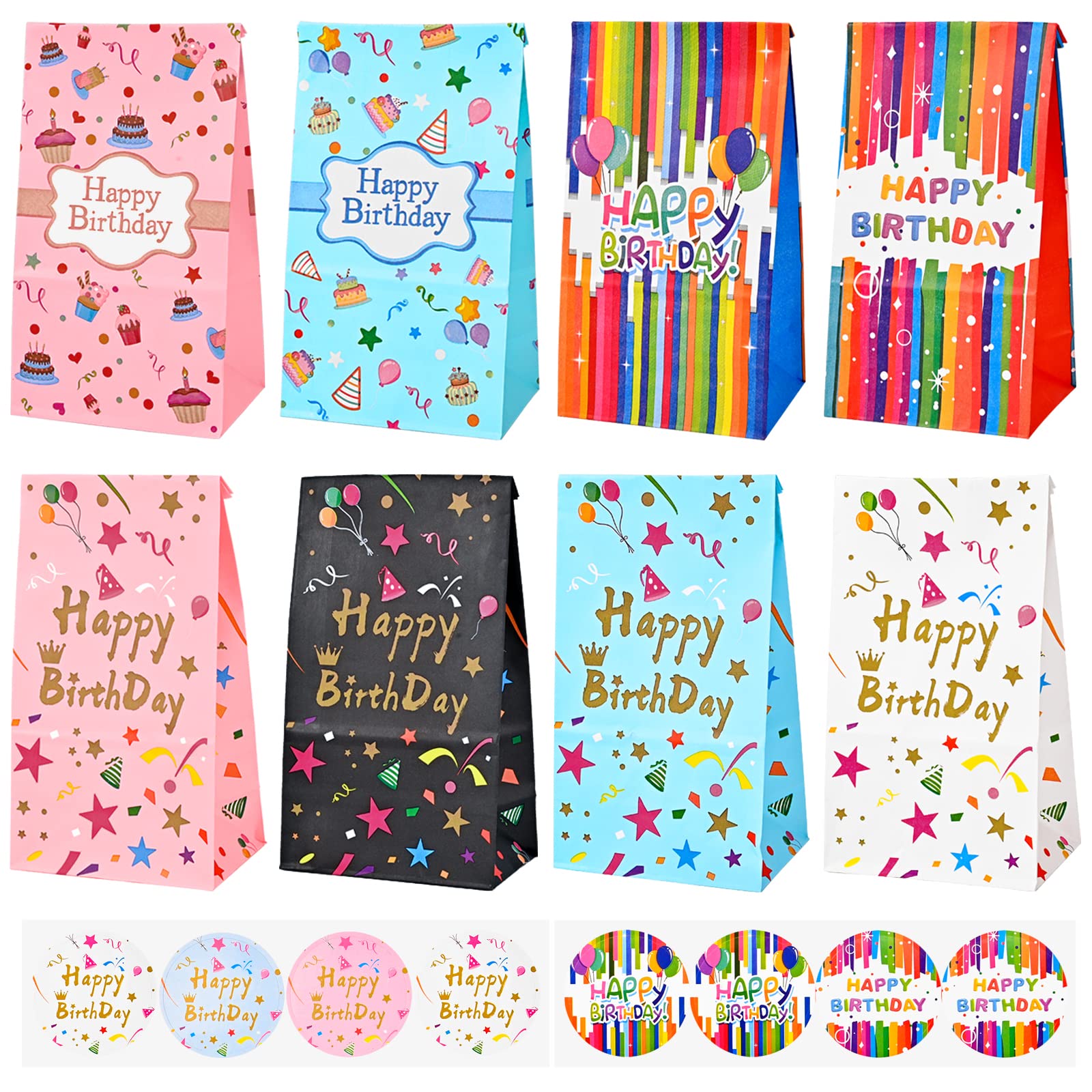 24-Piece Birthday Party Favor Bags Set - Small Gift Bags, Treat Bags, Goodie Bags & Candy Bags (9.6x5.2x3.2 Inches) with 24 Stickers - Perfect for Kids Birthday Parties, Baby Showers & Holiday Events