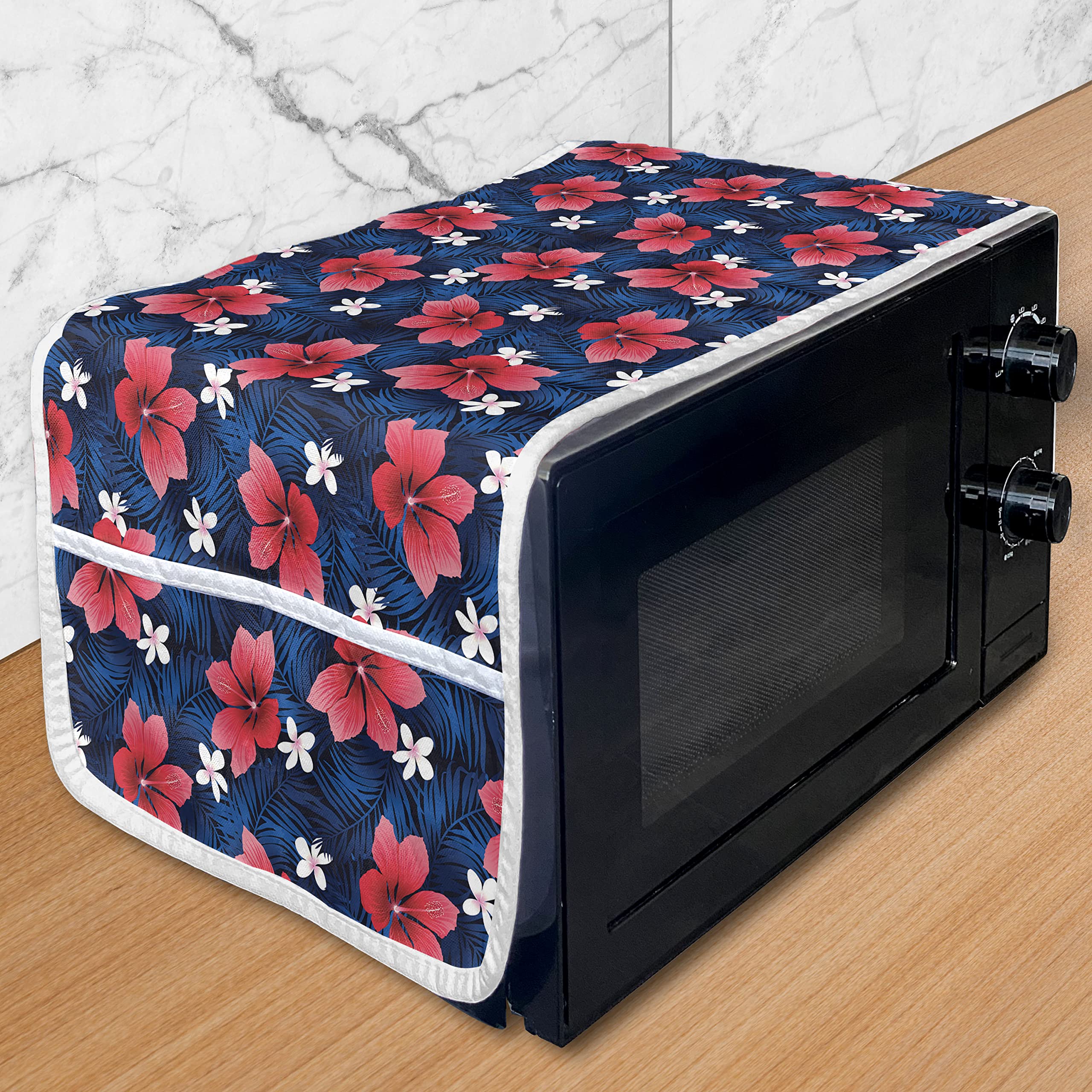 Ambesonne Navy and Blush Microwave Cover - Exotic Hawaiian Hibiscus Plumeria Floral Pattern, Water-Resistant Kitchen Organizer with Pockets, 36