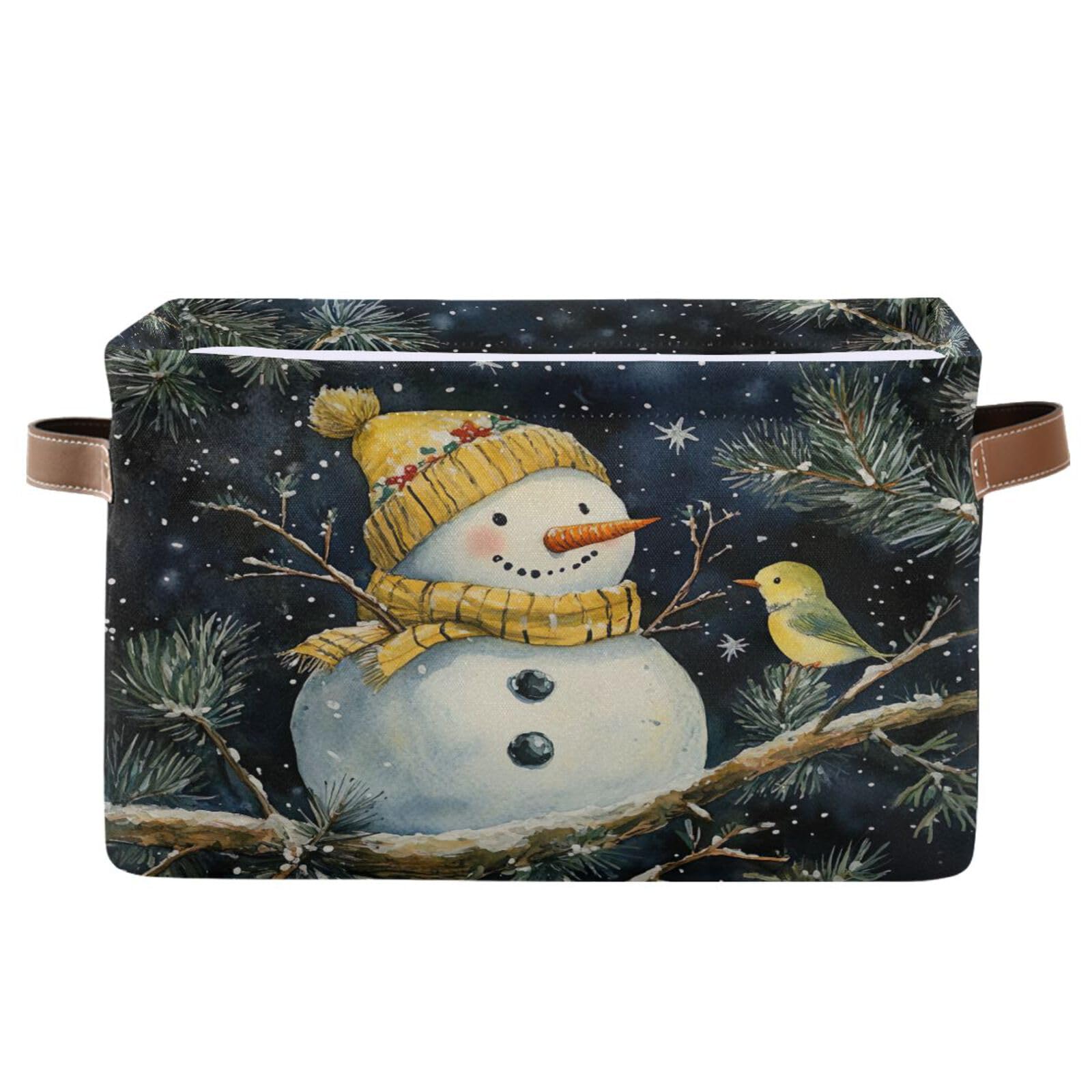 Large Foldable Snowman Storage Baskets with Handles - 2-Pack Christmas Decorative Square Bins for Organizing Toys, Books & Clothes | Perfect for Holiday Decor, Kids Room & Closet Organization
