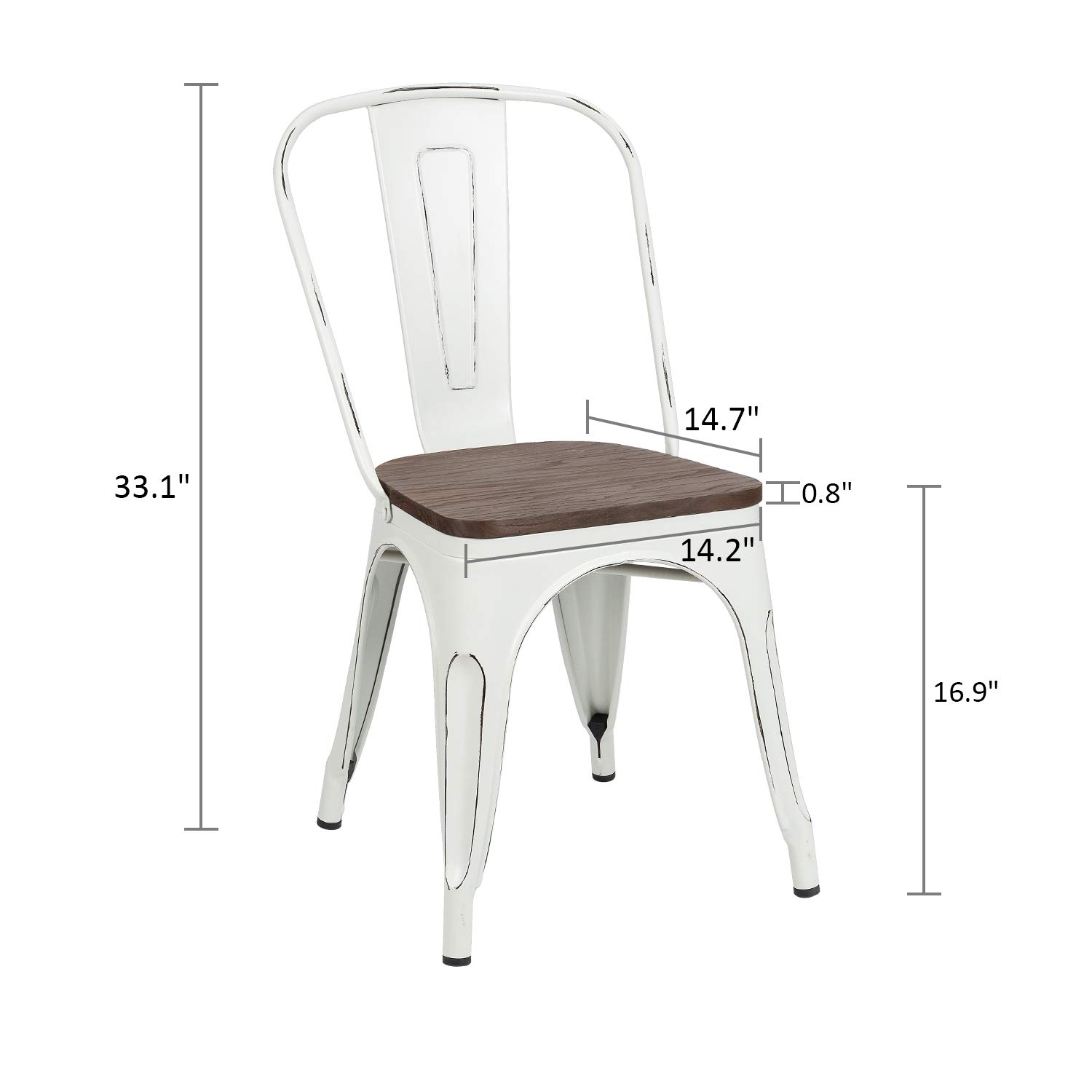 Furniwell 4-Pack Stackable Metal Dining Chairs with Wood Seat - Industrial Tolix Style Indoor/Outdoor Kitchen, Dining Room, Bistro & Cafe Chairs (White) - Perfect for Home, Restaurant and Patio Use