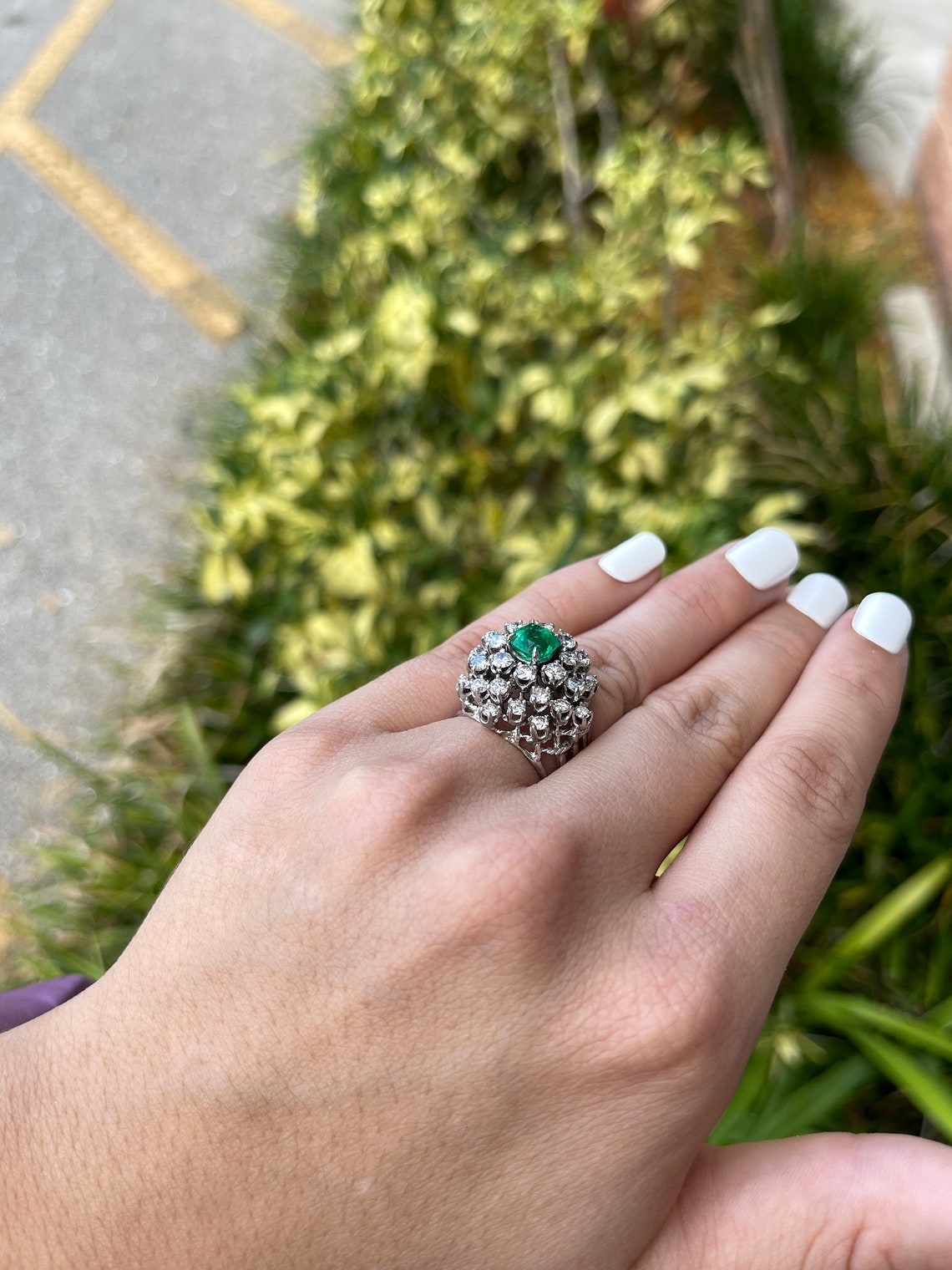 14K White Gold Vintage Cocktail Ring with 5.0tcw Cushion Cut Emerald & Diamonds - Elegant Statement Jewelry for Weddings, Parties & Special Occasions
