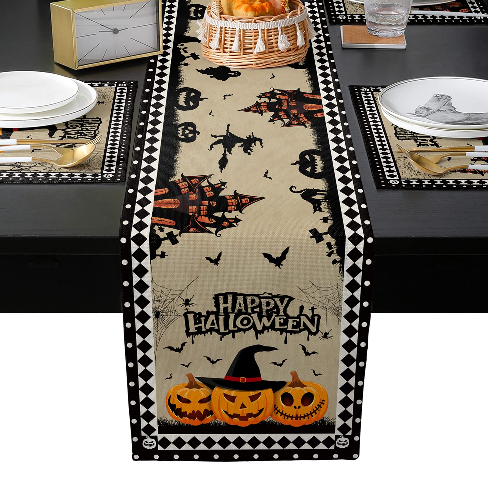 Happy Halloween Table Runner and Placemats Set - 6-Piece Pumpkin & Witch Hat Design with Haunted House Print - 90 Inch Heat-Resistant Cotton Linen Dining Table Runner & Washable Placemats - Perfect for Spooky Dinner Parties, Fall Decor, and Holiday Home Decorating