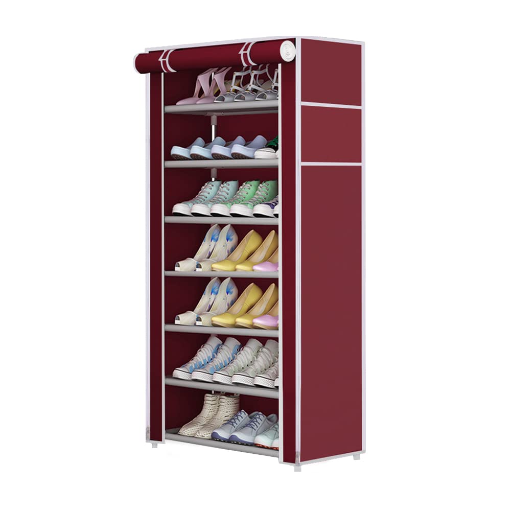 8-Tier Shoe Storage Organizer with Dust Cover - Space Saving Closet Shoe Rack in Burgundy for Sneakers, Boots & Heels | Perfect for Bedroom, Entryway & Dorm Organization