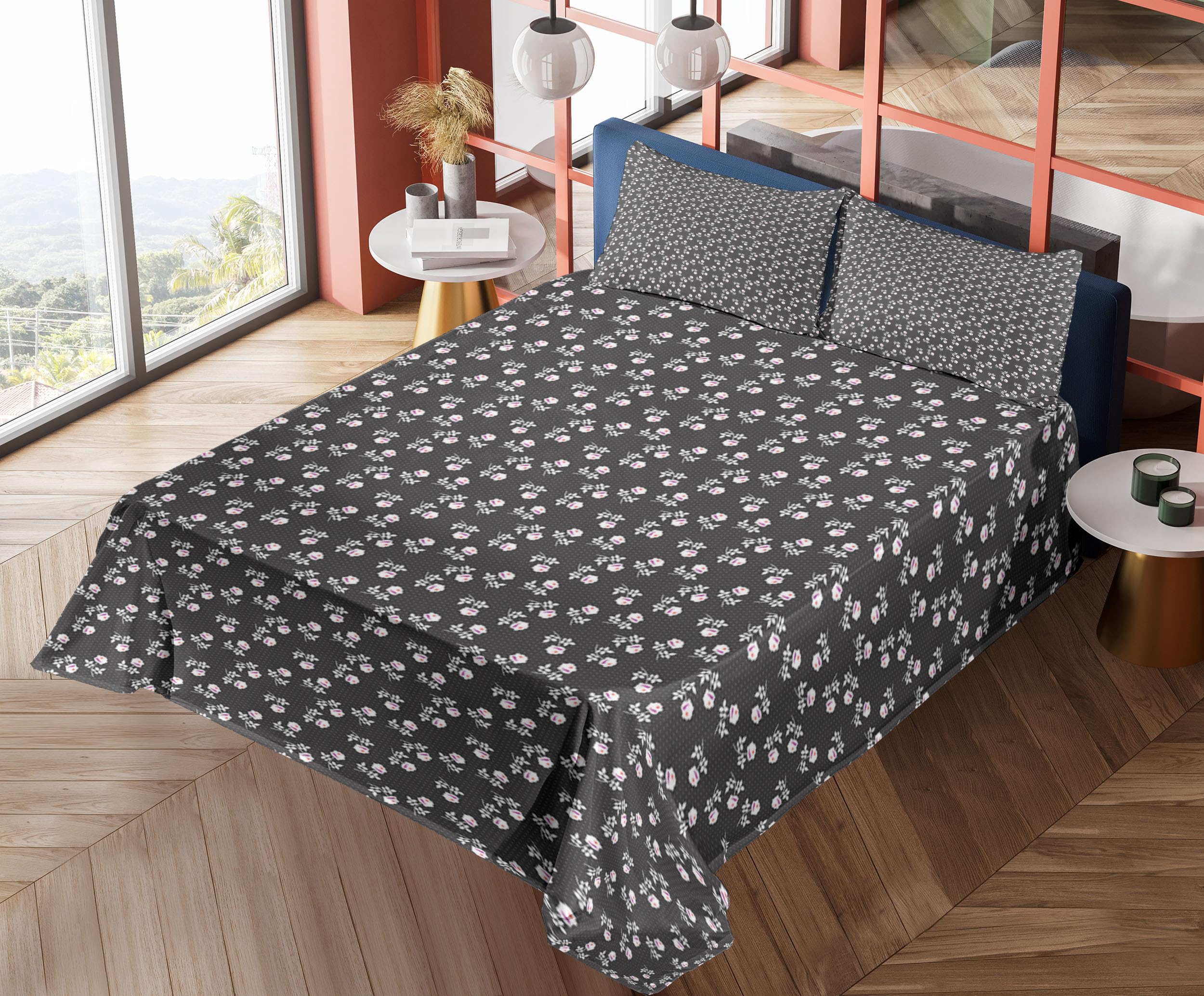 Ambesonne Floral King Sheet Set - 4 Piece Bedding with Flower Silhouettes & Mini Polka Dots Design, Includes Fitted Sheet, Flat Sheet & 2 Pillowcases, Dark Taupe Grey Fuchsia - Perfect for Master Bedroom, Guest Room & Cozy Home Decor