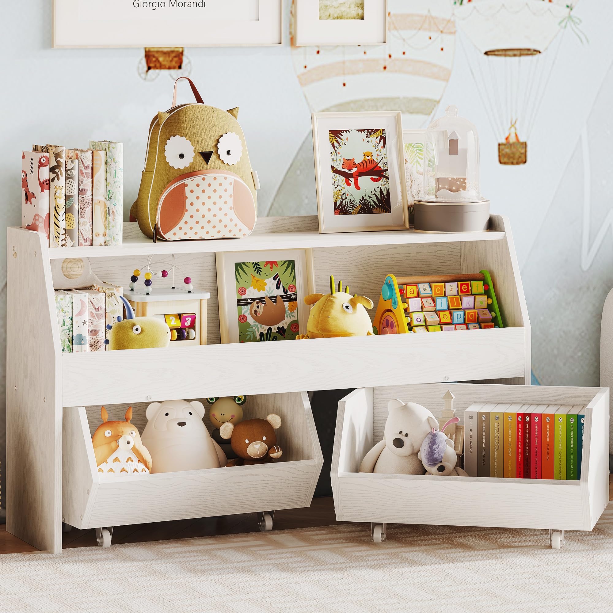**Kids Toy Storage Organizer with Wheels & Drawers - Multifunctional Toy Cabinet & Bookshelf for Nursery, Playroom, Bedroom - White | Perfect for Organizing Toys, Books & More**