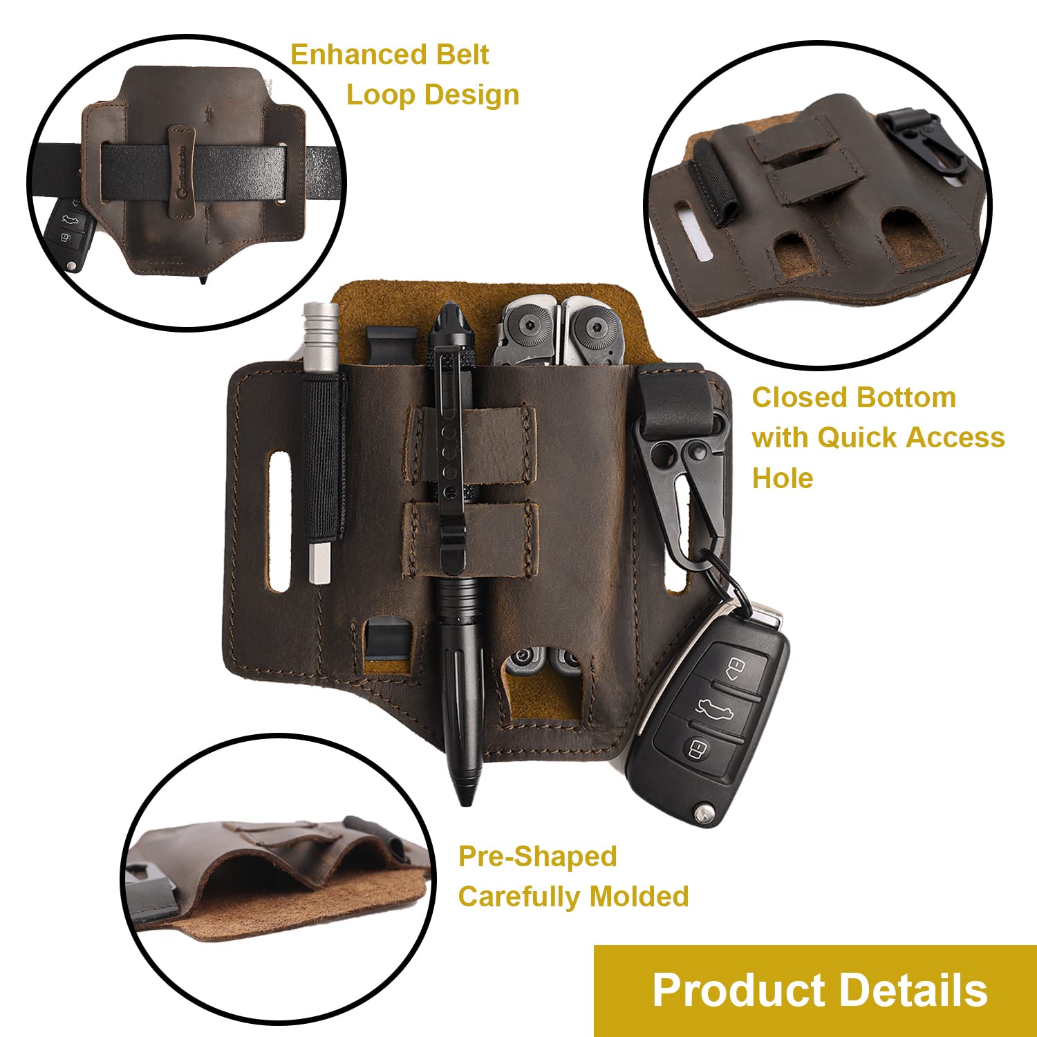 Gentlestache Multitool Belt Sheath - Premium EDC Leather Belt Organizer with Multitool Pouch, Flashlight Holder, Pen Holder & Keychain Clip - Practical Everyday Carry Belt Pouch for Men - Perfect for Camping, Hiking, Work & Outdoor Adventures