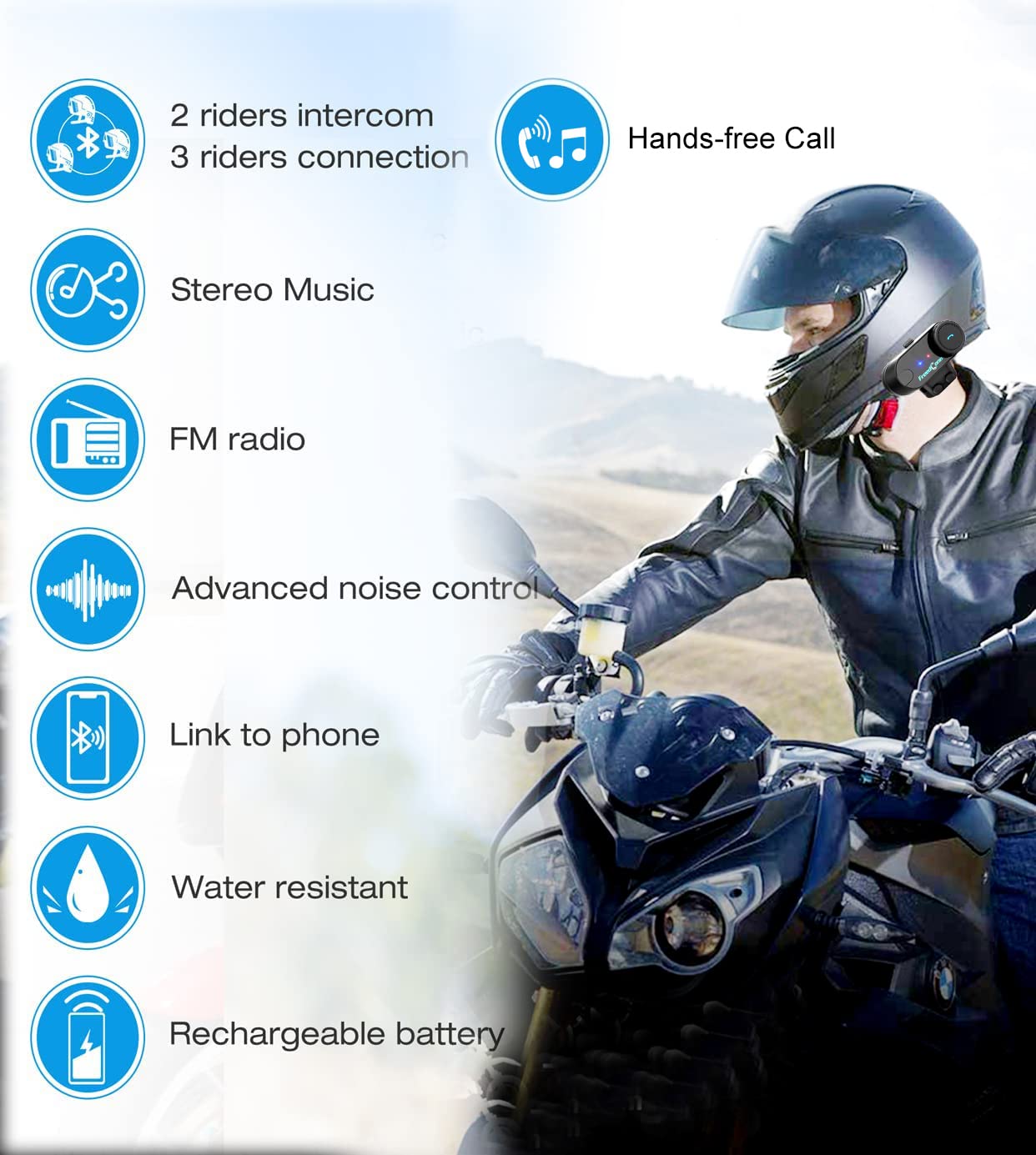 FreedConn TCOM-VB Motorcycle Helmet Bluetooth Intercom Kit - 800m Range, FM Radio, MP3, GPS & Phone Connectivity for 2-3 Riders - Perfect for Group Rides, Touring & Adventure Motorcycling (1 Pack)