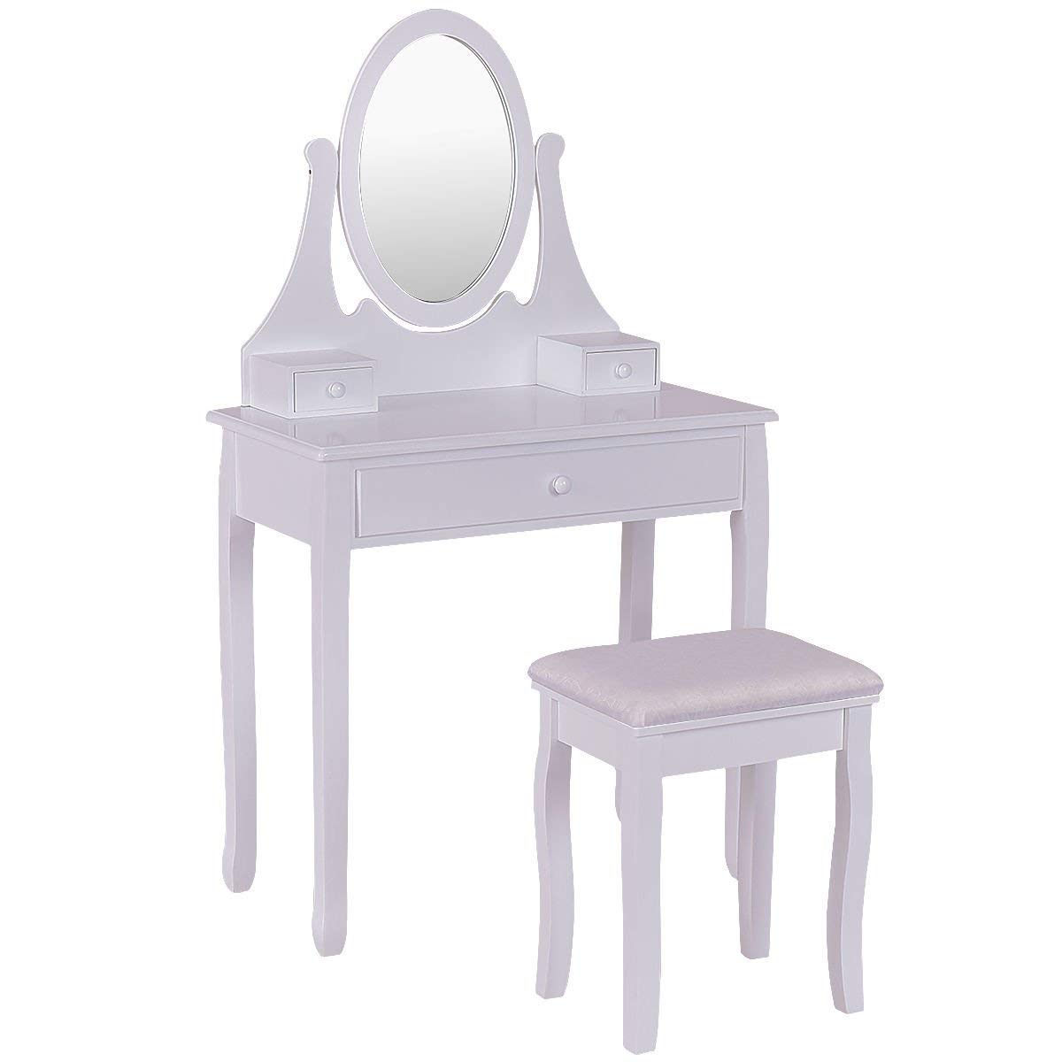 Casart White Wooden Bathroom Vanity Set with Mirror & 3 Drawers - Makeup Dressing Table & Stool for Bedroom, Bathroom, or Dressing Room Organization