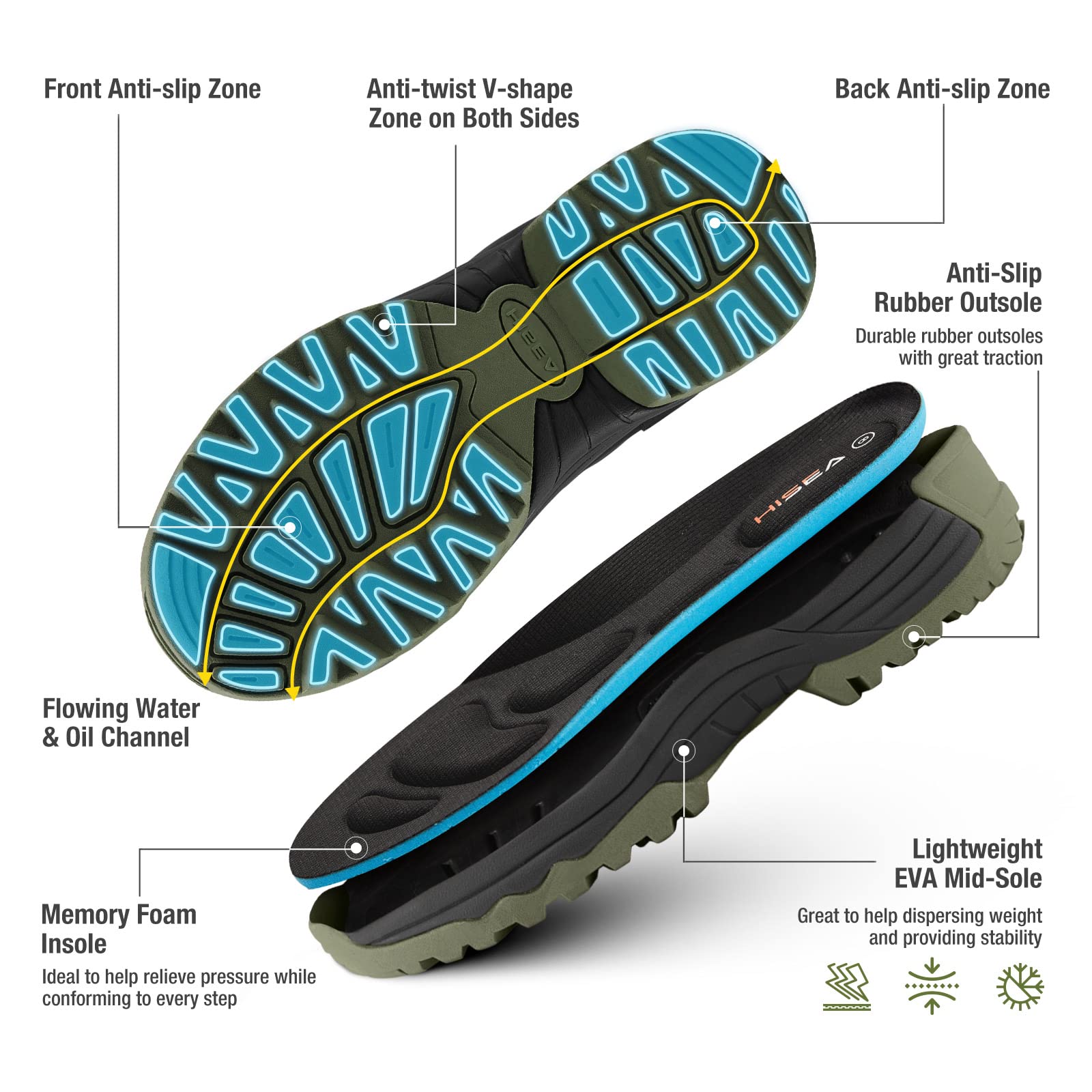 HISEA Men's Waterproof Insulated Neoprene Rubber Rain Boots - Anti-Slip Hunting & Outdoor Work Boots for Gardening, Farming, Fishing, Yard Work - Adjustable Calf Design - Perfect for Wet Weather, Muddy Terrains & Heavy Duty Outdoor Activities