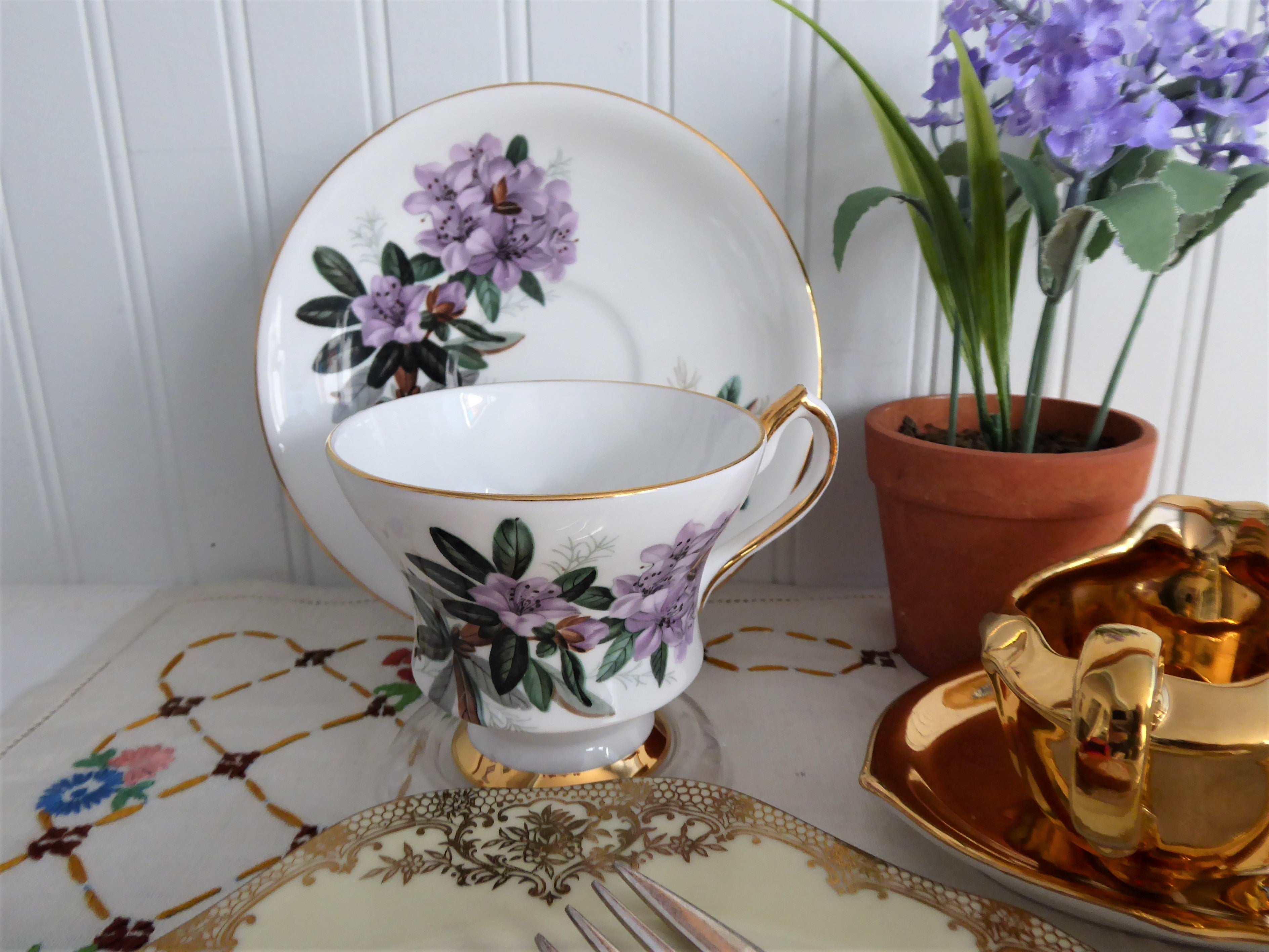 Vintage 1960s English Bone China Cup and Saucer Set with Lavender Azaleas & Rhododendrons Floral Pattern - Perfect for Afternoon Tea, Collectible Tableware, and Gift Giving