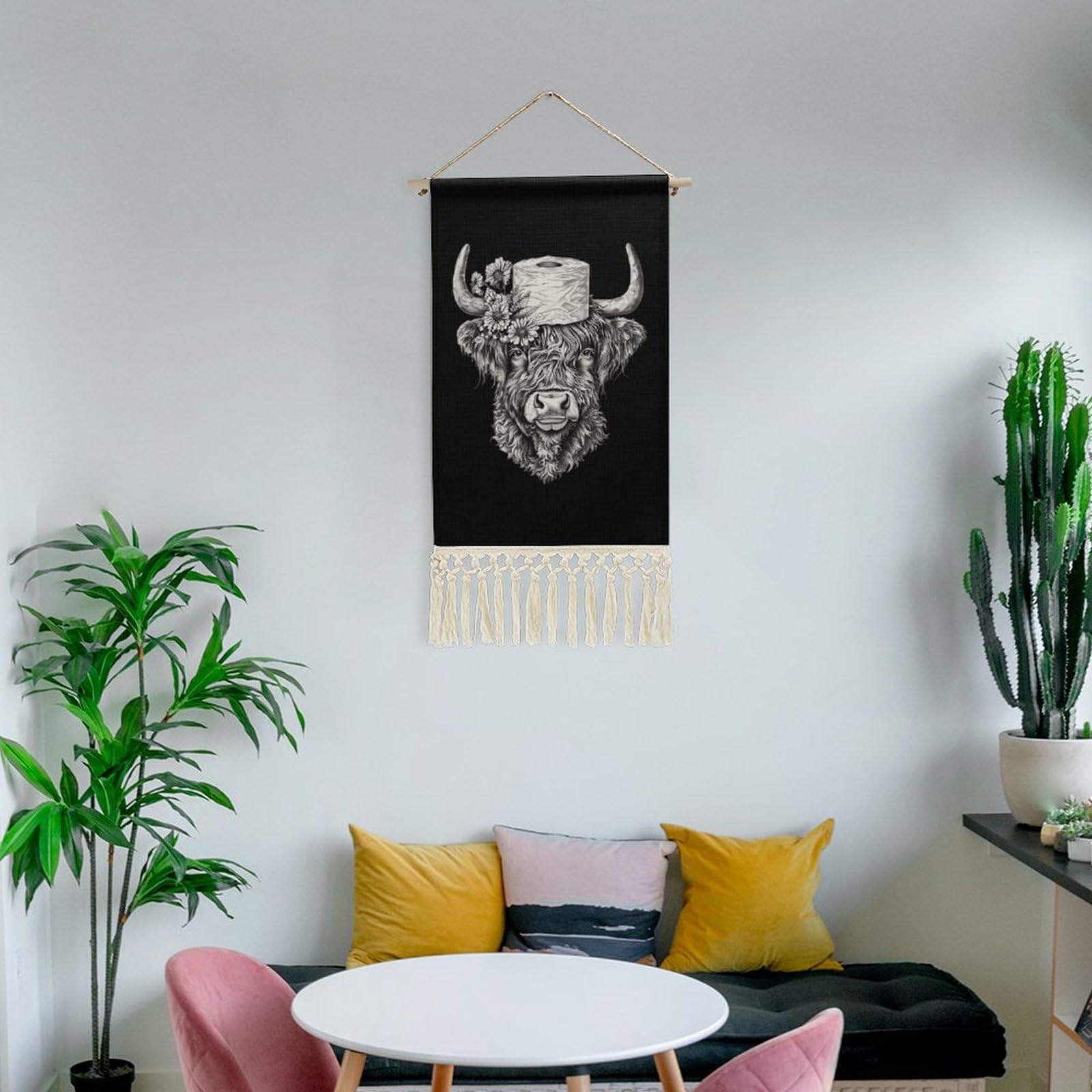 Funny Highland Cow with Toilet Paper Wall Art - 10x20 Inch Cotton Linen Hanging Poster for Home & Office Decor - Perfect for Bathroom, Living Room or Gift Idea