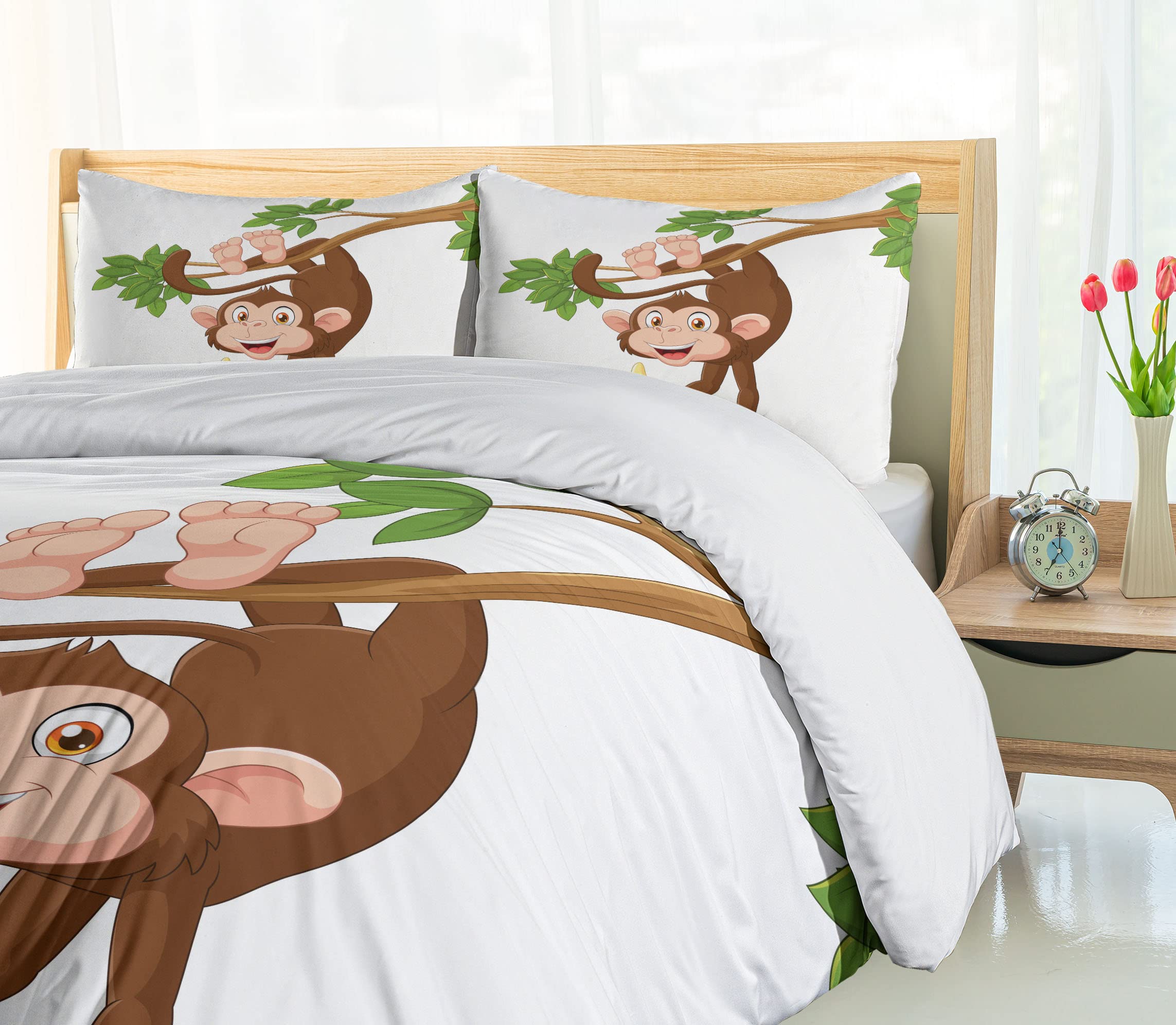 **Ambesonne Cartoon Monkey Duvet Cover Set - Funny Jungle Animals Print with Banana Tree Design, 3-Piece Bedding Set Includes 2 Pillow Shams, California King Size, Chocolate & White - Perfect for Kids' Rooms, Themed Bedrooms, and Playful Home Decor**